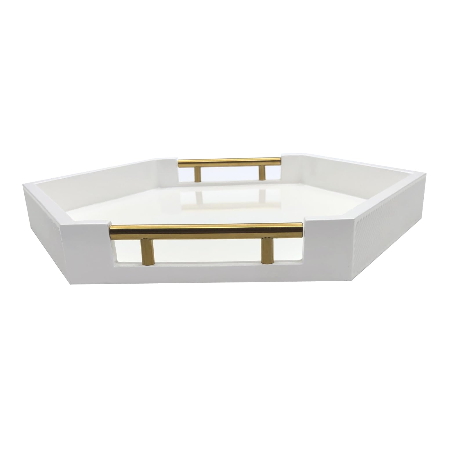 Hexagon Serving Tray with Polished Metal Handles - Modern Rectangle Coffee Table Tray for Living Room - Large Ottoman Storage Tray for Home Decor, Display & Organization (White) - Perfect for Coffee Tables, Sofa Trays & Bedside Organization