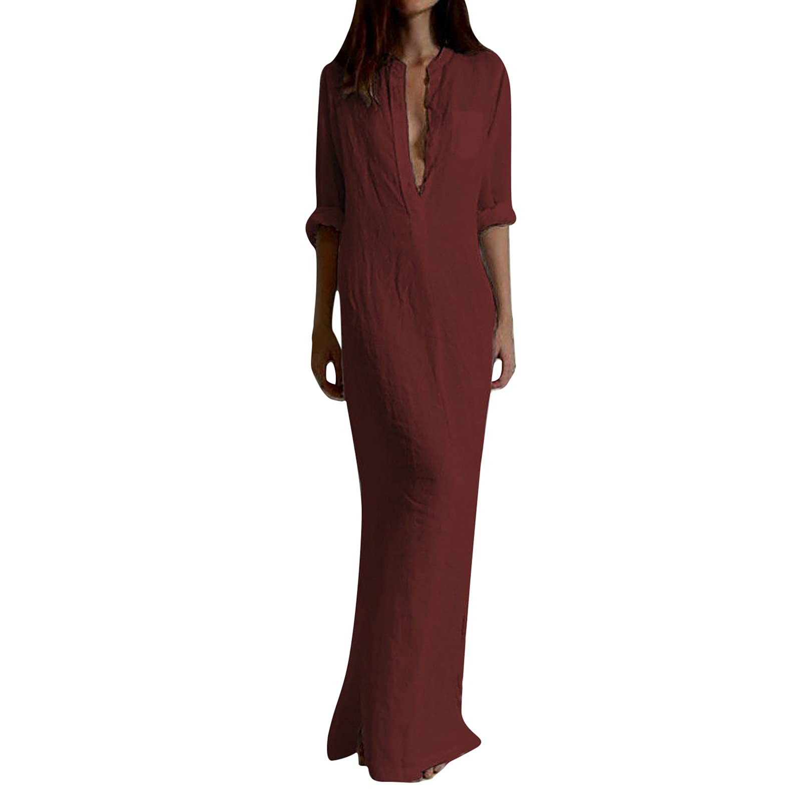 SEAOPEN Women's Long Sleeve V-Neck Maxi Dress - Solid Color Casual & Party Floor Length Dress with Side Slit - Perfect for Weddings, Evening Events & Date Nights