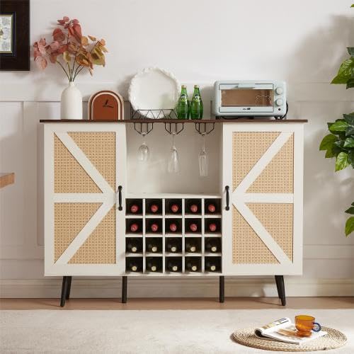 Buffet Sideboard Cabinet with Wine Rack - Farmhouse Double Door Storage Cabinet with Removable Shelves & Metal Legs - Rustic White Faux Rattan Liquor Barn for Dining Room - Perfect for Wine Storage, Dining Room Organization & Farmhouse Decor