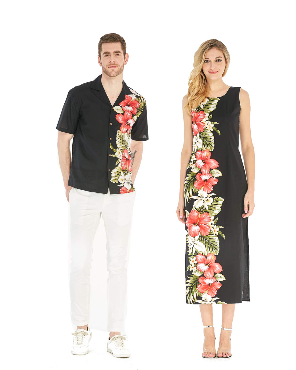 Hawaiian Couple Matching Luau Aloha Shirt & Maxi Tank Dress Set - Floral Black Print - Tropical Vacation Outfits for Beach Party, Summer Date Night, and Hawaiian Theme Events