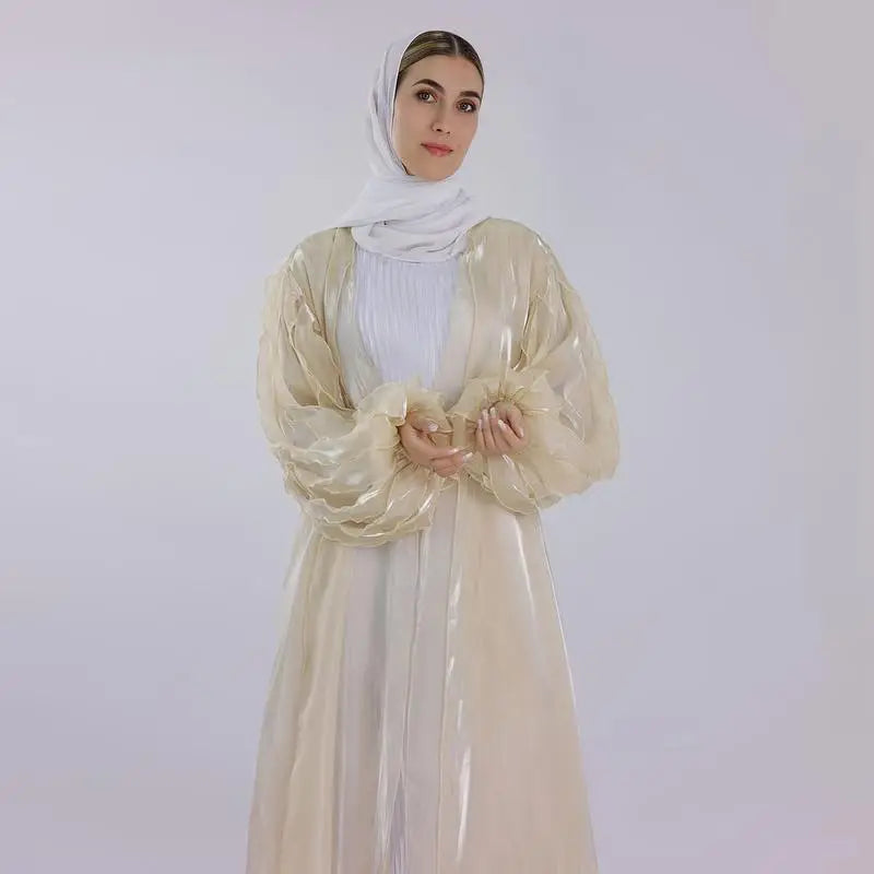 Elegant Petal Puff Sleeve Satin Cardigan Abaya Dress for Muslim Women - Modest Islamic Fashion for Prayer, Eid, Wedding & Special Occasions