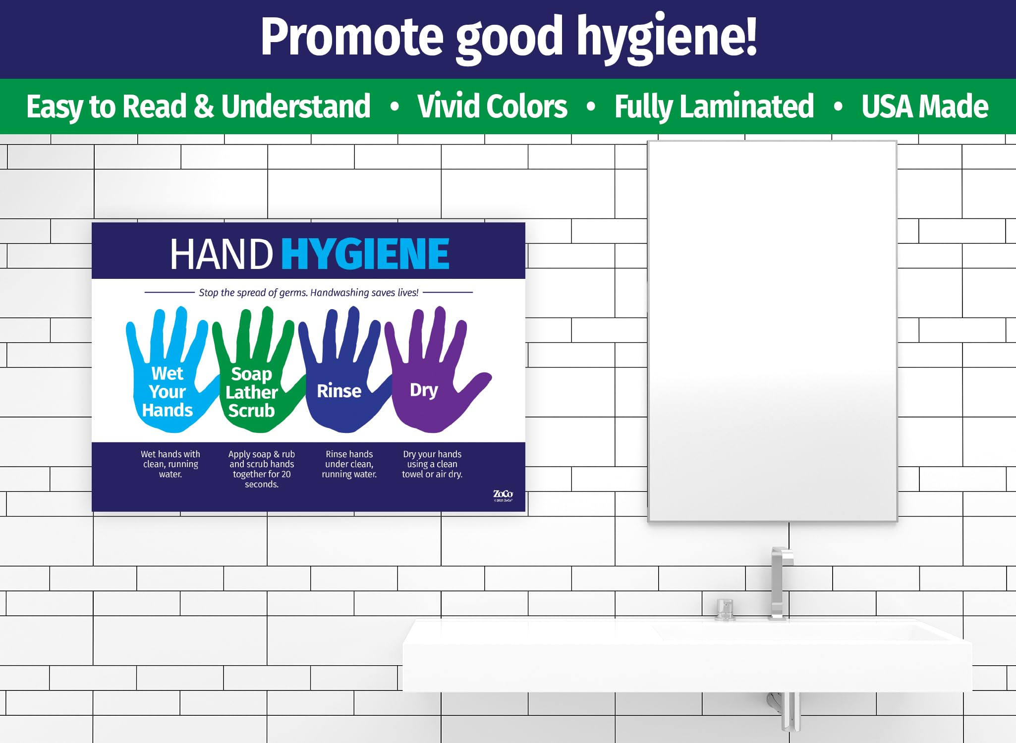 ZOCO - 20 Pack Laminated Hand Washing Posters 12x18 inches - Hand Hygiene Signs for Kids & Adults - Perfect for Schools, Workplaces & Nurse Offices - Promote Cleanliness in Classrooms, Restrooms & Healthcare Facilities