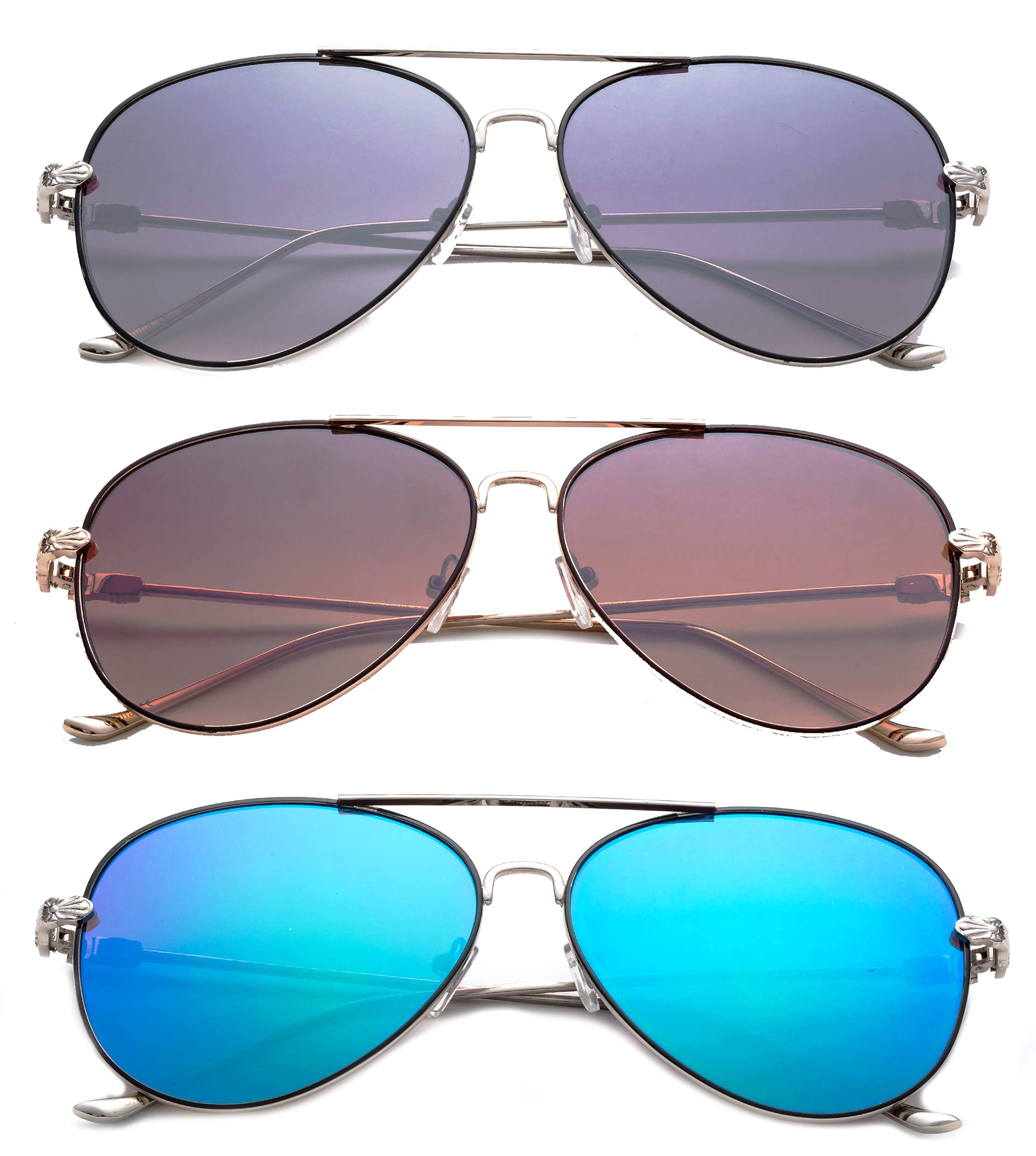 Newbee Fashion 3 Pack Metal Rim Aviator Sunglasses for Men & Women - UV400 Protection Flat Lens, Full Metal Frame - Perfect for Driving, Beach & Outdoor Activities