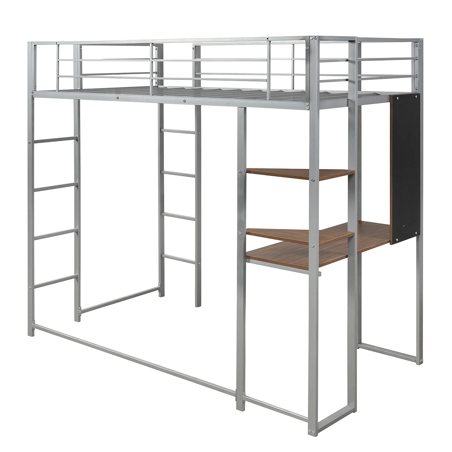 RUNNA Twin Metal Loft Bed for Kids & Teens with Built-in Desk & 2 Shelves - Space-Saving Silver Loft Bed for Small Rooms - Perfect for Dorms, Bedrooms & Studio Apartments
