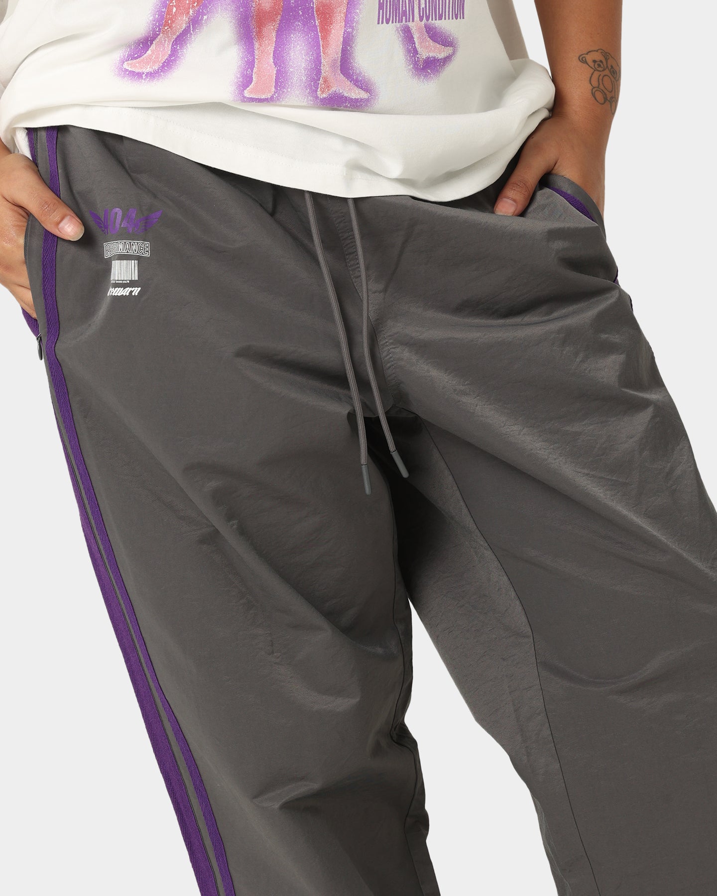 404 Racer Trackpant Charcoal/Purple - Men's Athletic Joggers for Running, Gym & Casual Wear - High-Performance Workout Pants with Moisture-Wicking Fabric