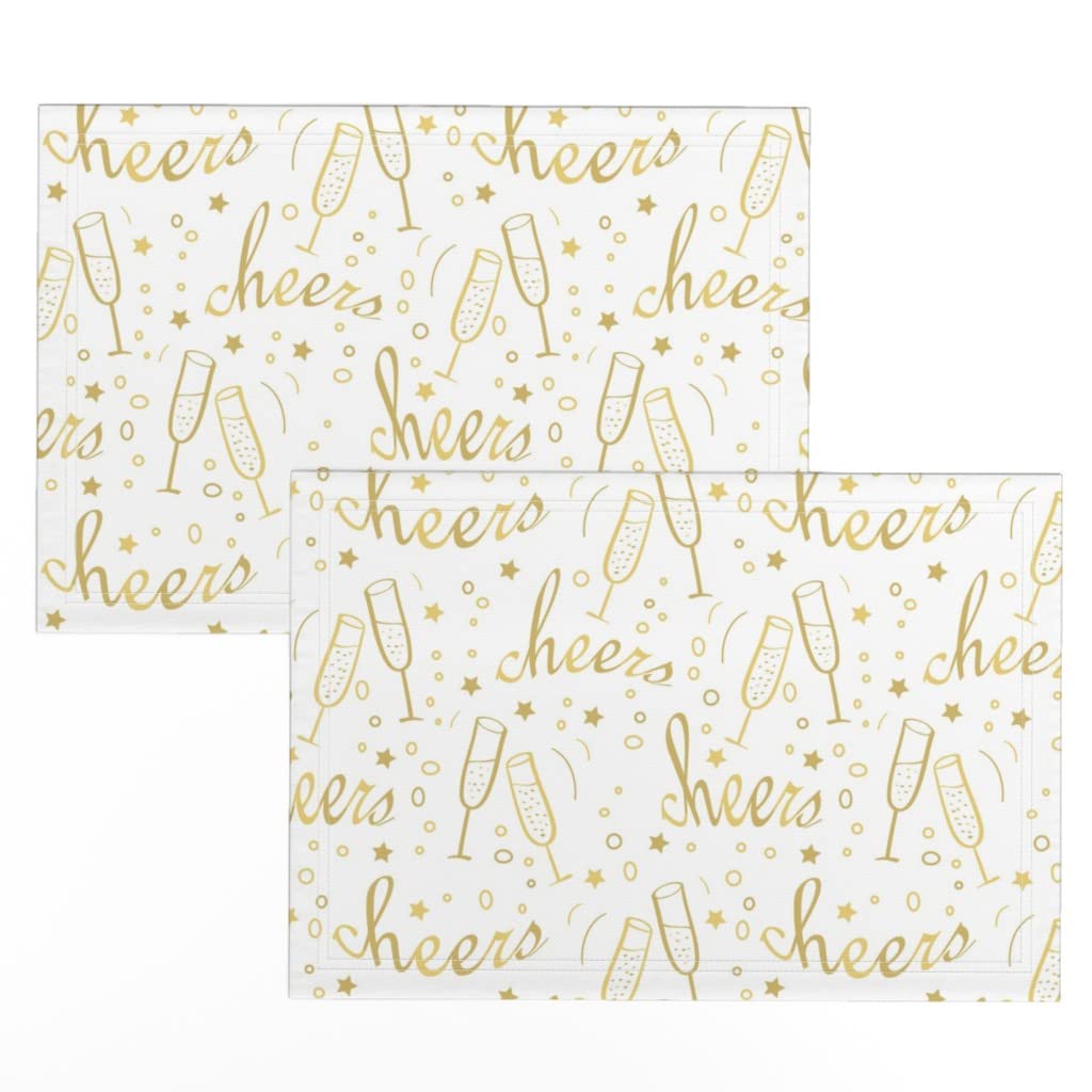 Premium Linen Cotton Canvas Placemats Set of 2 - Champagne Christmas Star Gold Holiday Party Decoration - Elegant Table Setting for Christmas Dinner, Thanksgiving & Festive Celebrations