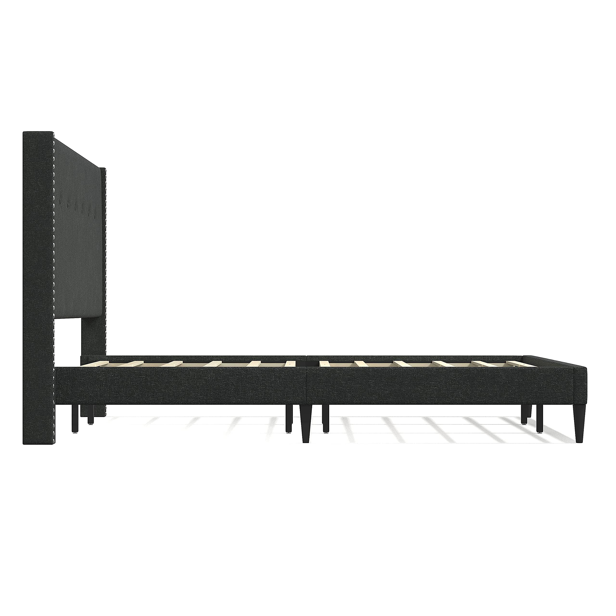 Glenwillow Home MCM Upholstered Platform Bed Frame with Nailhead Trim & Button Tufted Wingback - King Size Gray Bed - No Box Spring Needed - Easy Assembly - Perfect for Modern Bedroom & Guest Room Decor