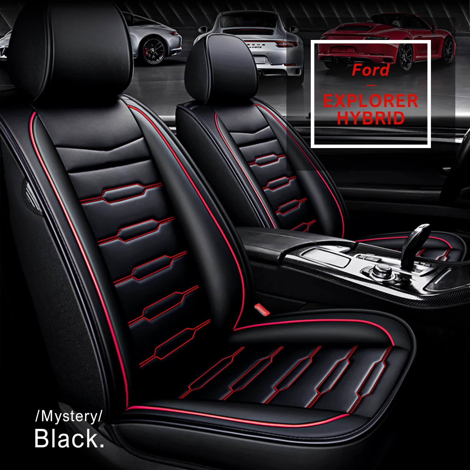 Custom Fit Faux Leather Car Seat Covers for Ford Explorer Hybrid 2020-2022 | Airbag Compatible Seat Protectors | 2-Piece Front Seat Set in Black & Red | Perfect for Daily Commuting & Road Trips