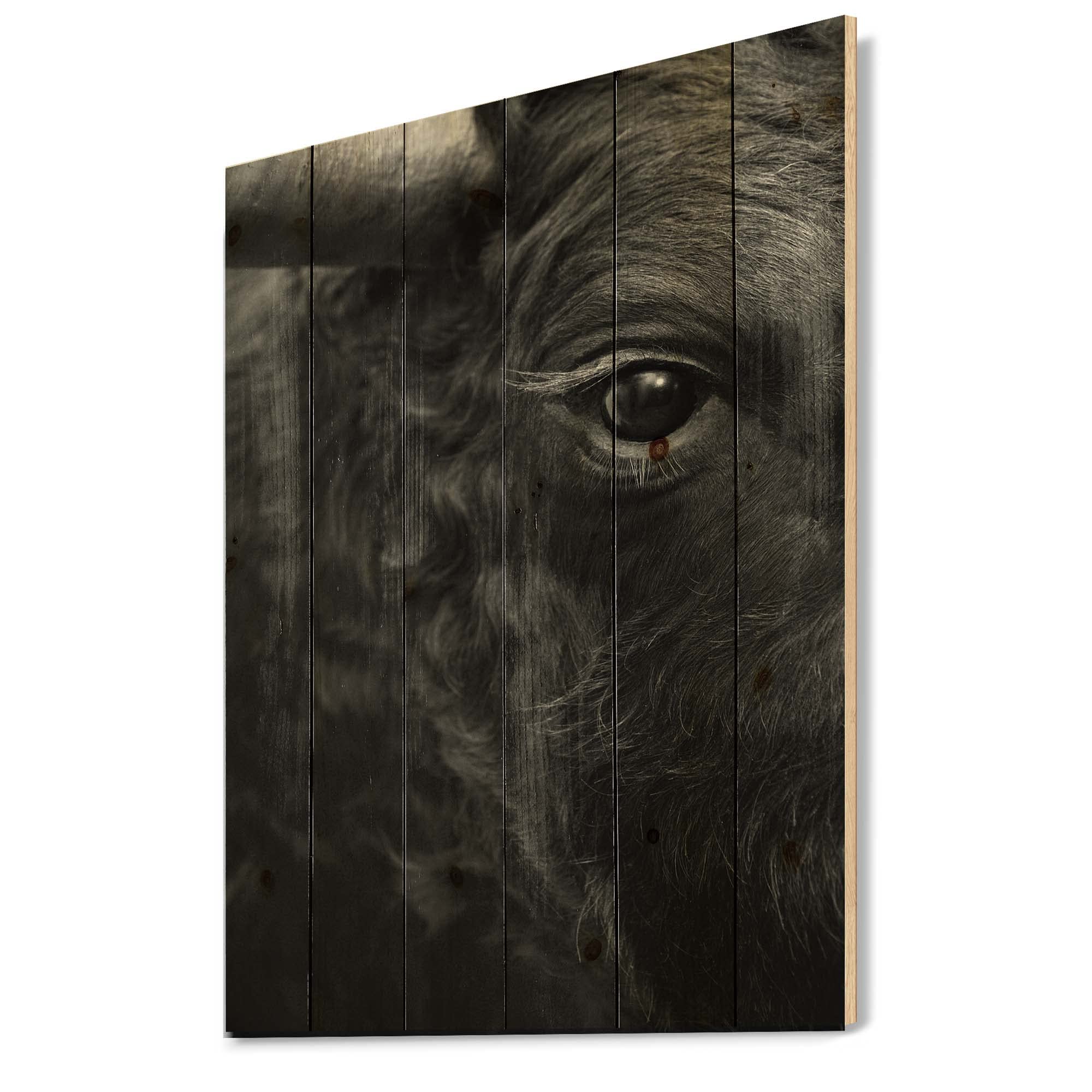 Farmhouse Wood Wall Decor - Bull Eye Design Black Wood Wall Art, Large Animal Print on Natural Pine Wood Panel for Living Room, Bedroom & Office