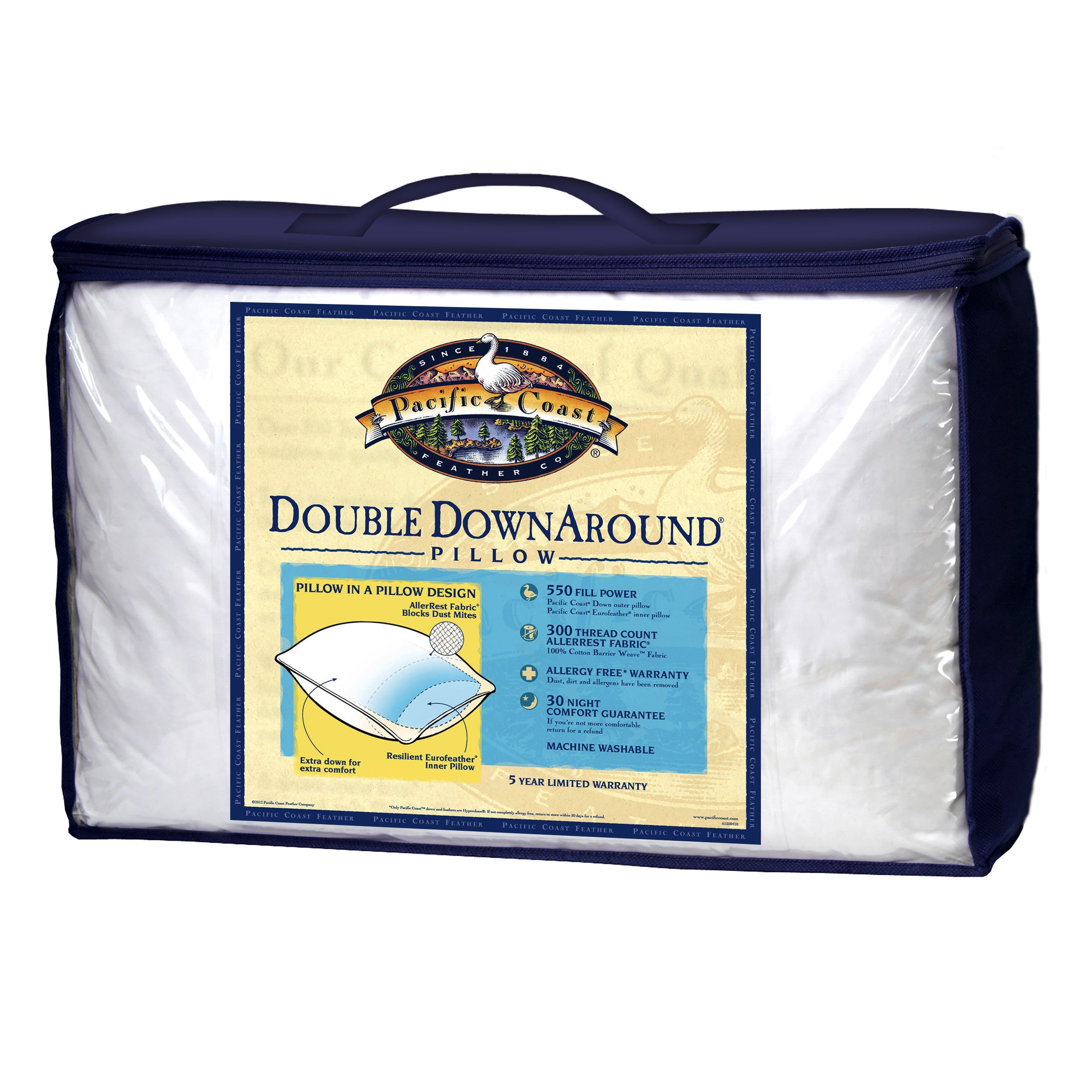 Pacific Coast Double Down Around Pillow - Standard Size, Ultra Soft & Supportive Bed Pillow for Side, Back & Stomach Sleepers - Perfect for Home, Office & Travel Use