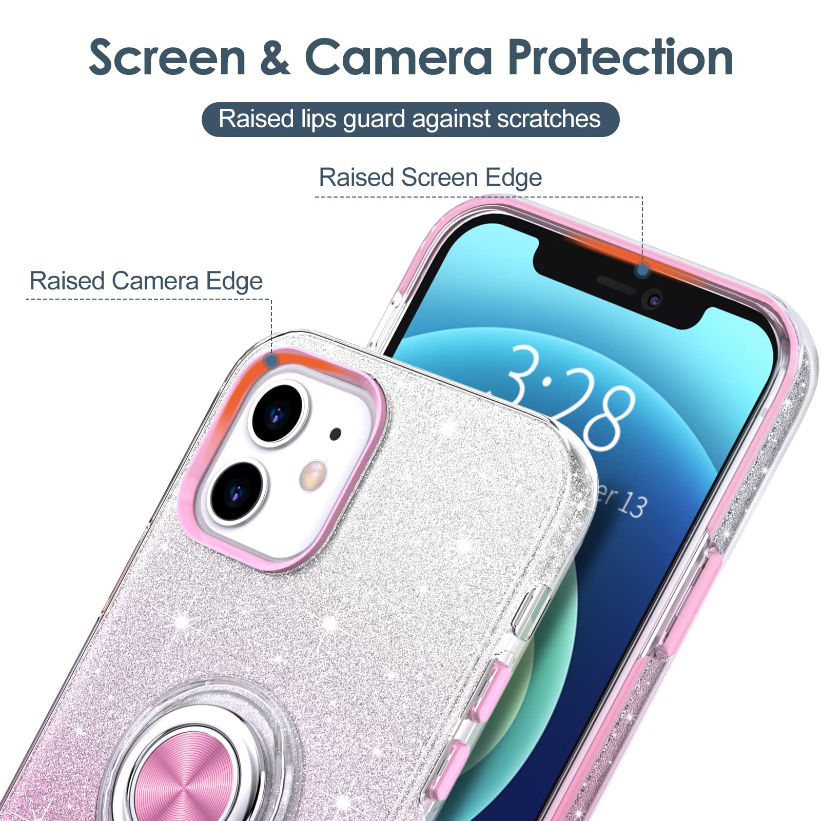 Hython iPhone 12 Case with Magnetic Ring Stand - Pink Sparkle for Protection & Hands-Free Use