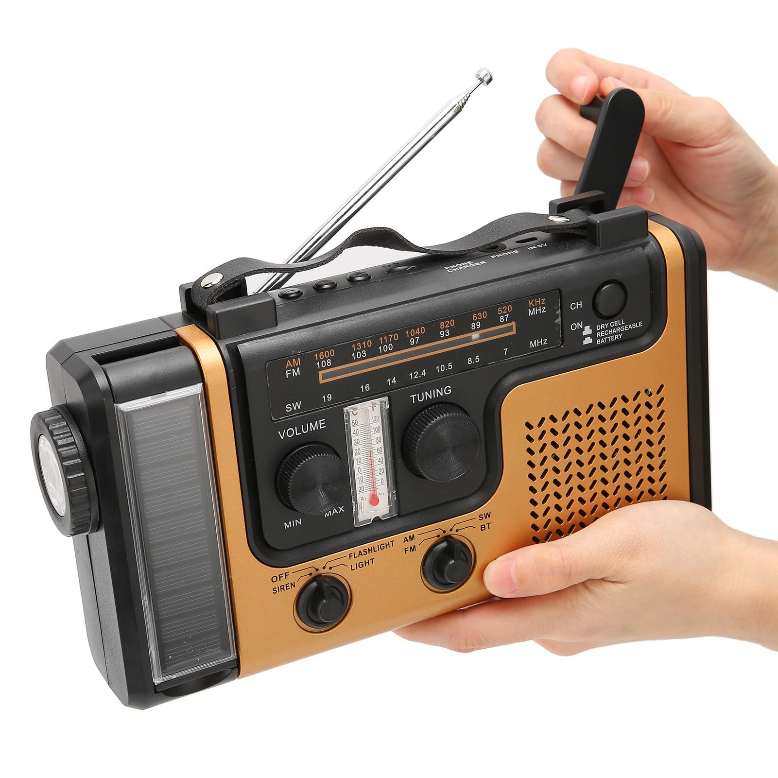 SYH&AQYE 便携式LED太阳能收音机，2000mAh AM FM SW手摇MP3播放器，内置扬声器，带应急手电筒，适用于露营、徒步、夜间、紧急情况、户外探险、家庭备用