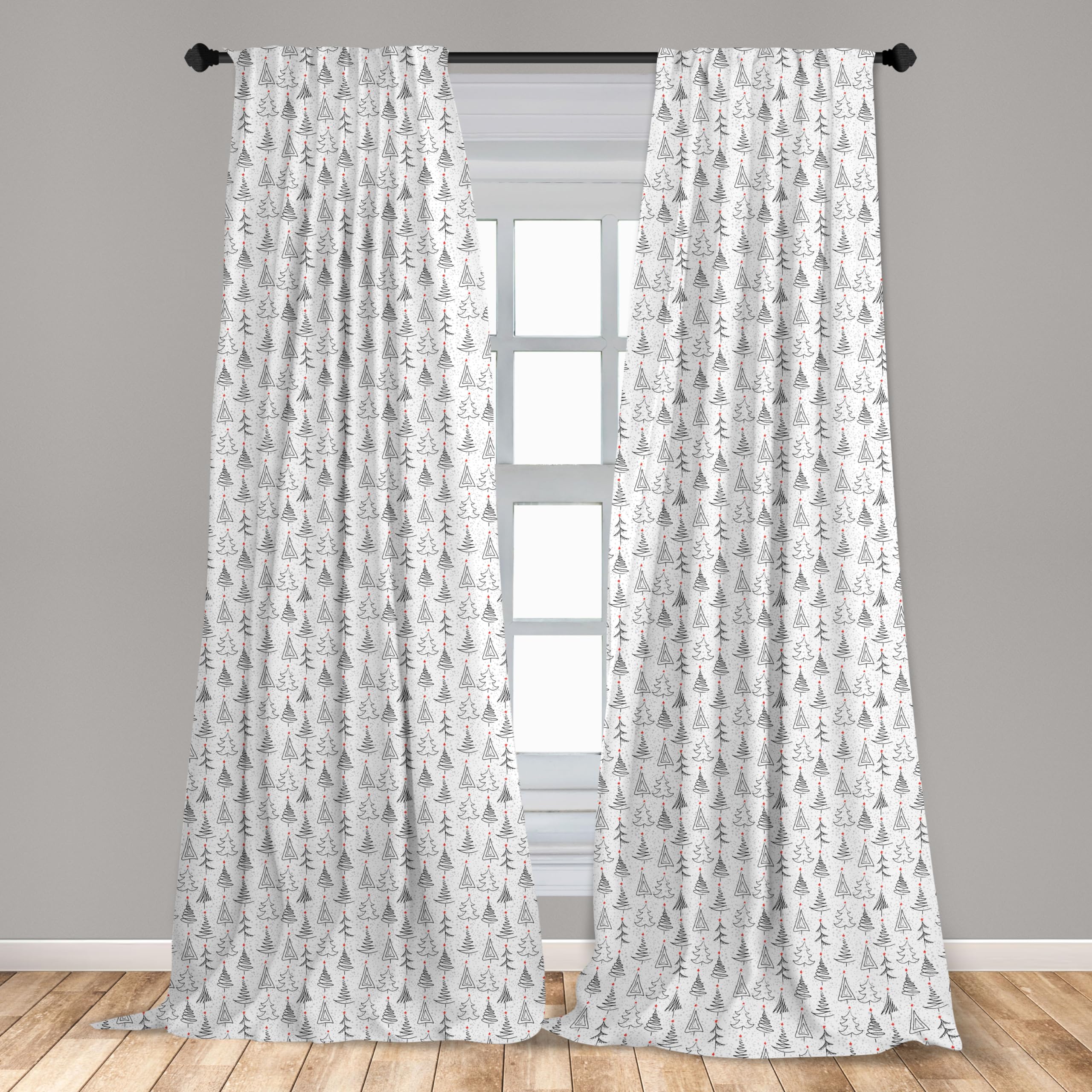 Ambesonne Christmas Tree Window Curtains - Black Grey Red Doodle Sketch Style with Stars, Lightweight 2-Panel Set (28x95 inches) for Living Room, Bedroom & Holiday Decor | Rod Pocket Design