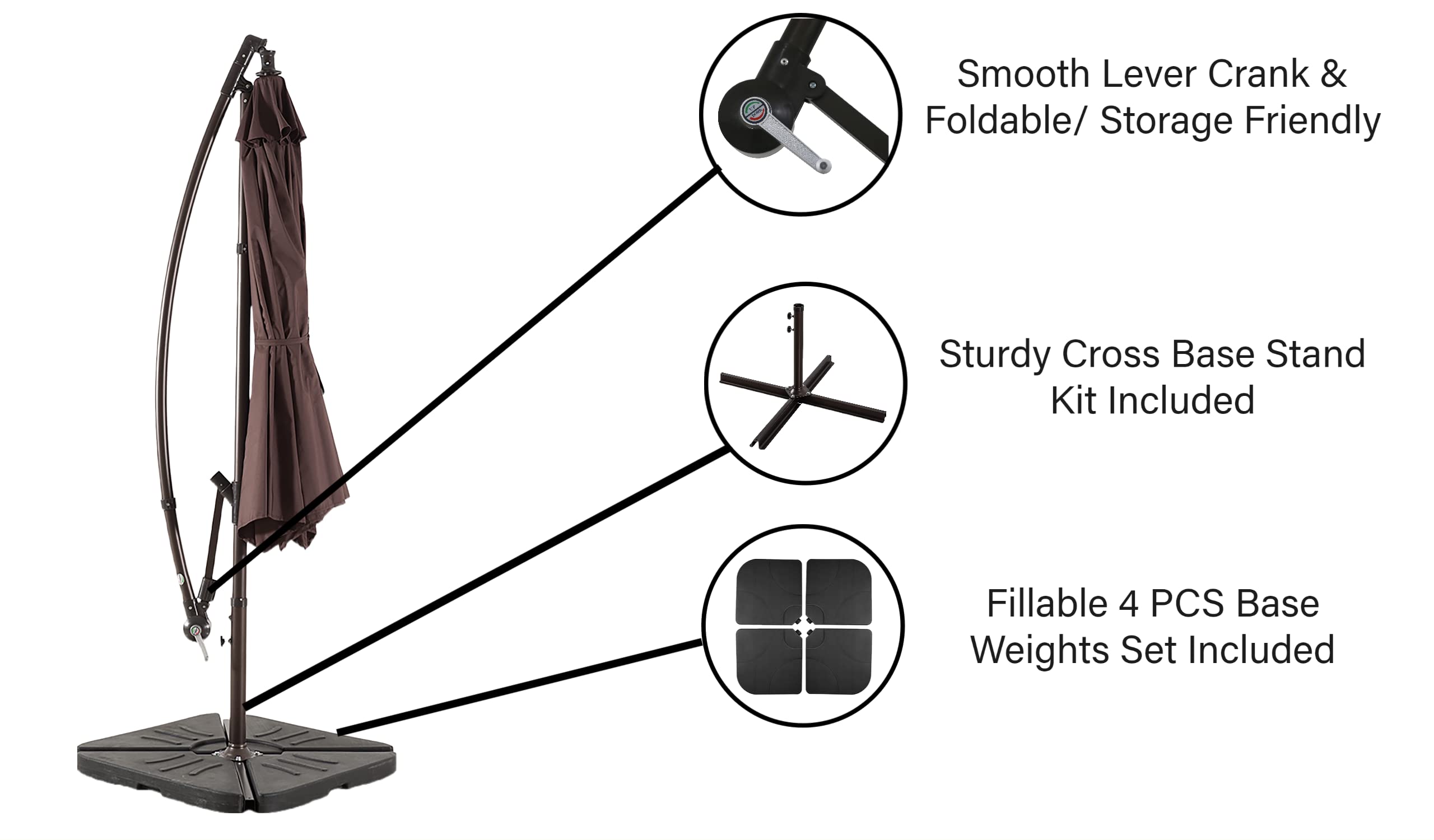 10ft Outdoor Patio Cantilever Umbrella with Stand & Base - 3-Piece Weighted Hanging Shade Kit for Backyard, Poolside, and Garden Relaxation | WO Home Furniture