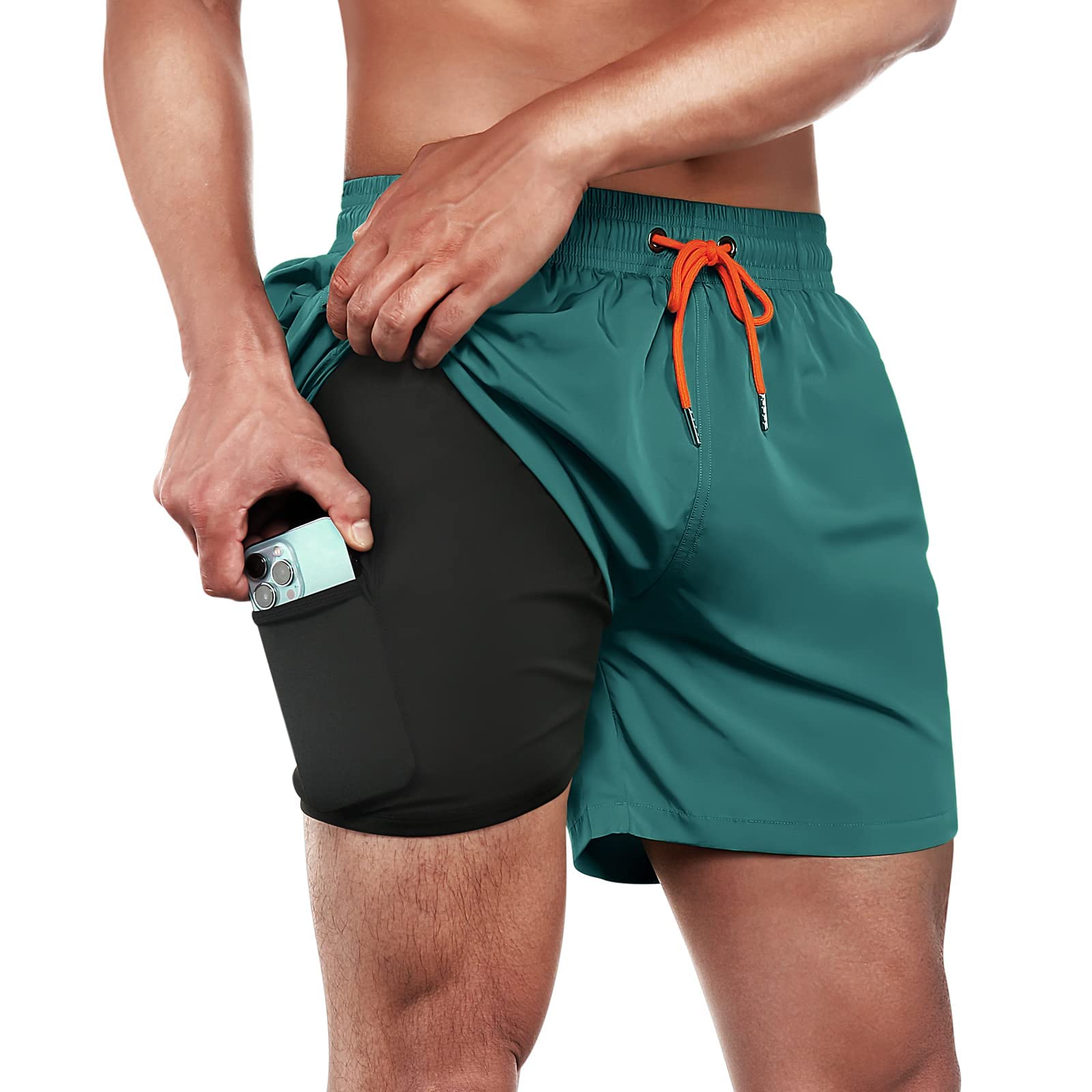 BRISIRA Men's Quick Dry Swim Trunks 5 Inch Inseam with Compression Liner & Zipper Pocket - Beach, Pool & Water Sports Shorts for Swimming, Surfing & Vacation