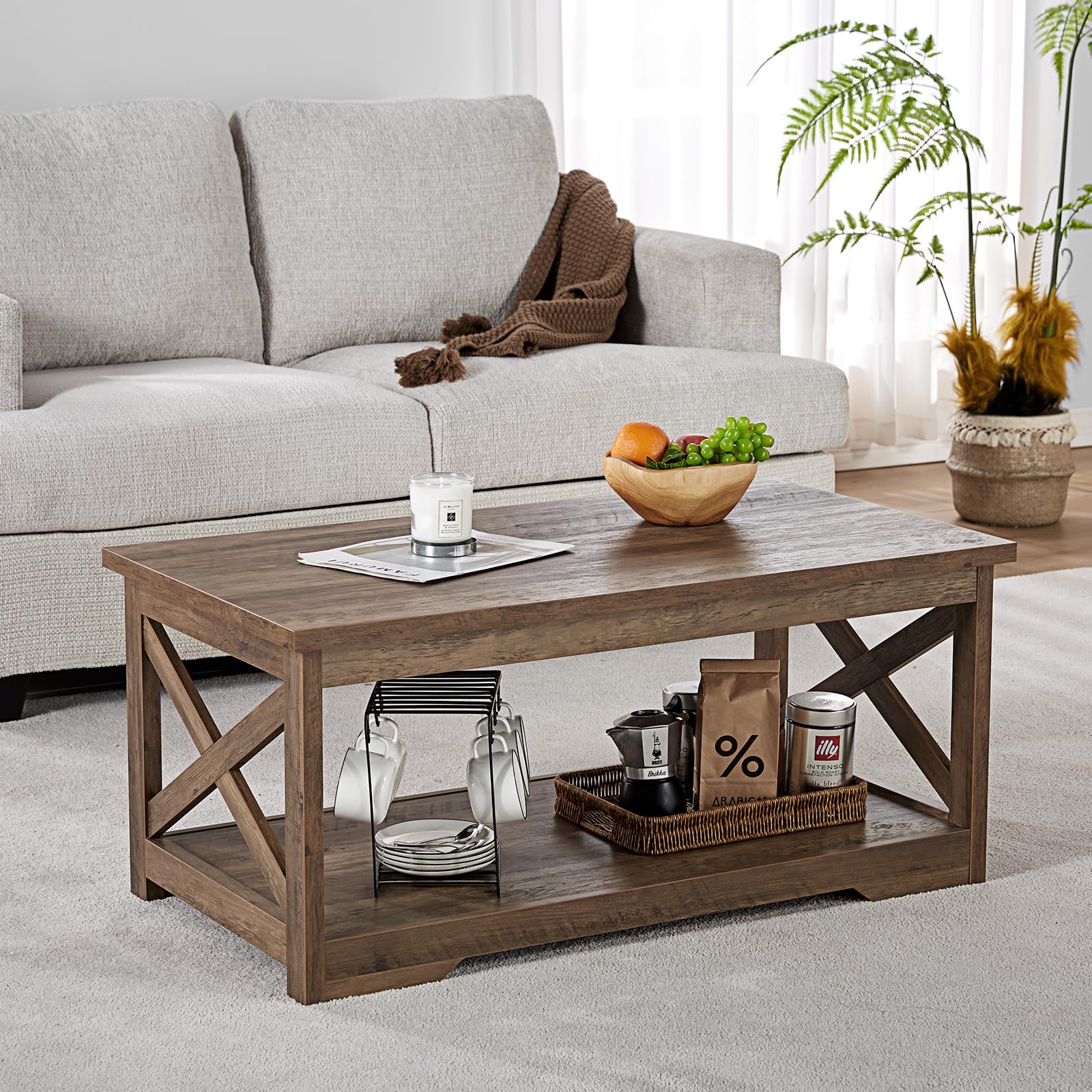 Farmhouse Coffee Table Set with 2 End Tables & USB Charging Station - Rustic Barnwood Living Room Furniture for Home Decor & Entertainment Areas