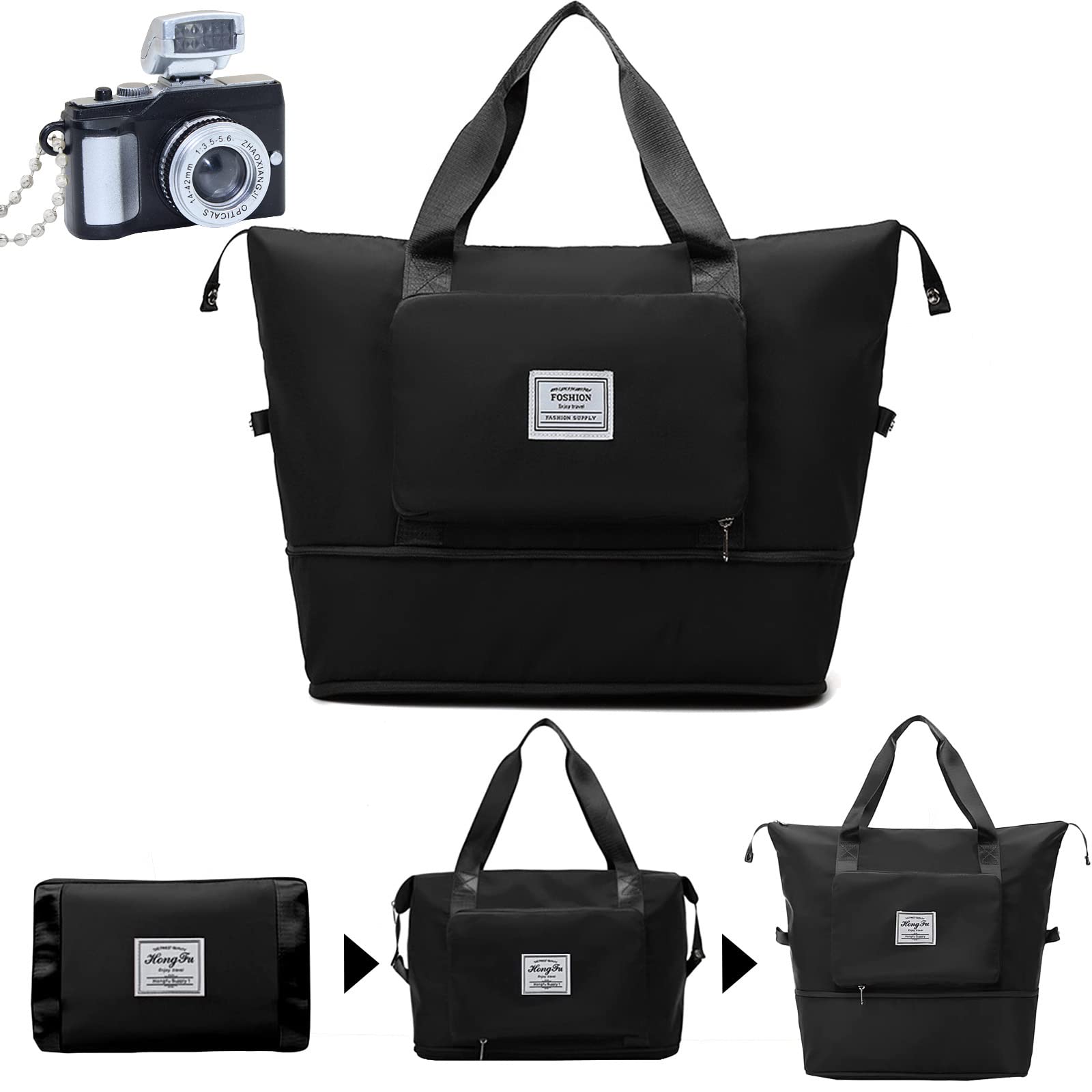 Large Capacity Waterproof Folding Travel Tote Bag - Lightweight Weekender with Dry/Wet Separation - Perfect for Gym, Beach & Overnight Trips (Black)