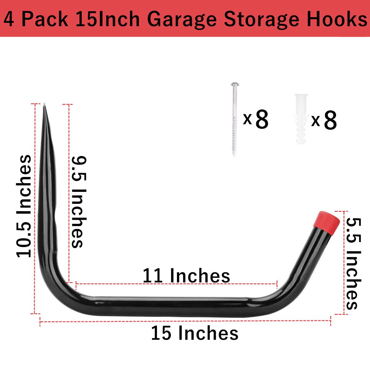 Vahodegn Heavy Duty Garage Storage Hooks - 15 Inch Jumbo Arm Kayak Wall Hangers with 100 LB Capacity - Steel Canoe Rack for Indoor & Outdoor Use - Perfect for Kayak, Canoe, Bike, and Gear Storage in Garage, Shed, or Basement