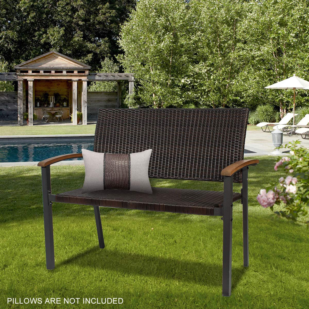 Rattan Patio Garden Bench - Outdoor Wicker Loveseat with Curved Backrest & Armrests | Durable Weather-Resistant Rattan Furniture for Porch, Deck, Backyard & Garden Seating