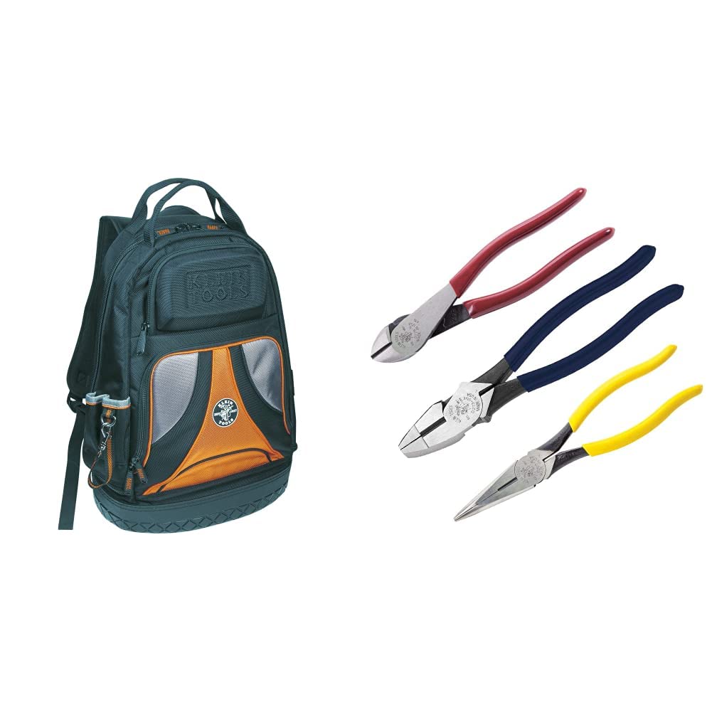 Klein Tools 55421BP-14 Professional Tool Backpack & 80020 Electrician Tool Set with Lineman's Pliers, Diagonal Cutters, Long Nose Pliers - Induction Hardened Knives (3-Piece) - Perfect for Electricians, Contractors & DIY Home Repairs