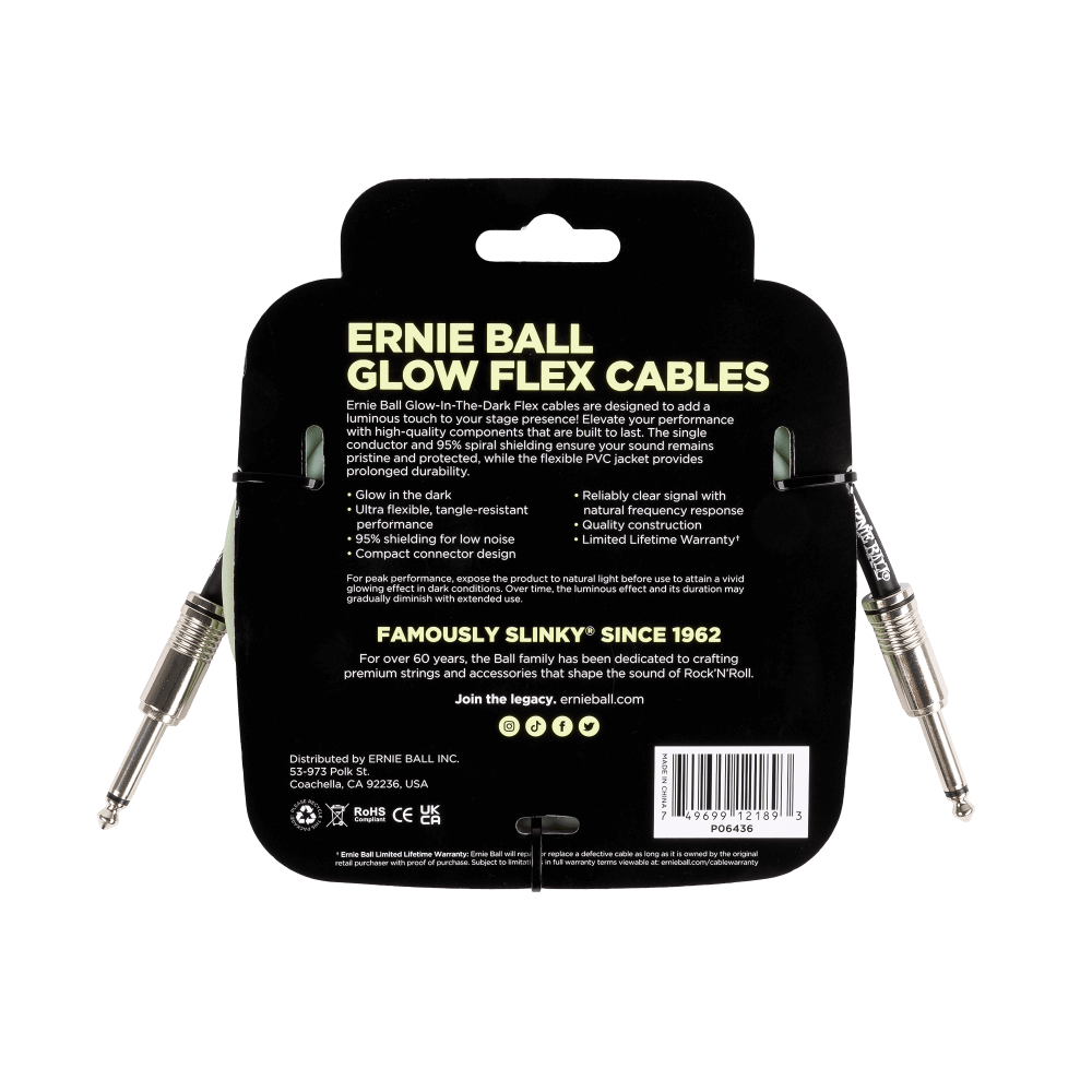 Ernie Ball 10ft Glow in Dark Instrument Cable - Straight to Straight Connector for Guitar, Bass & Audio Equipment | Perfect for Live Performances & Studio Recording