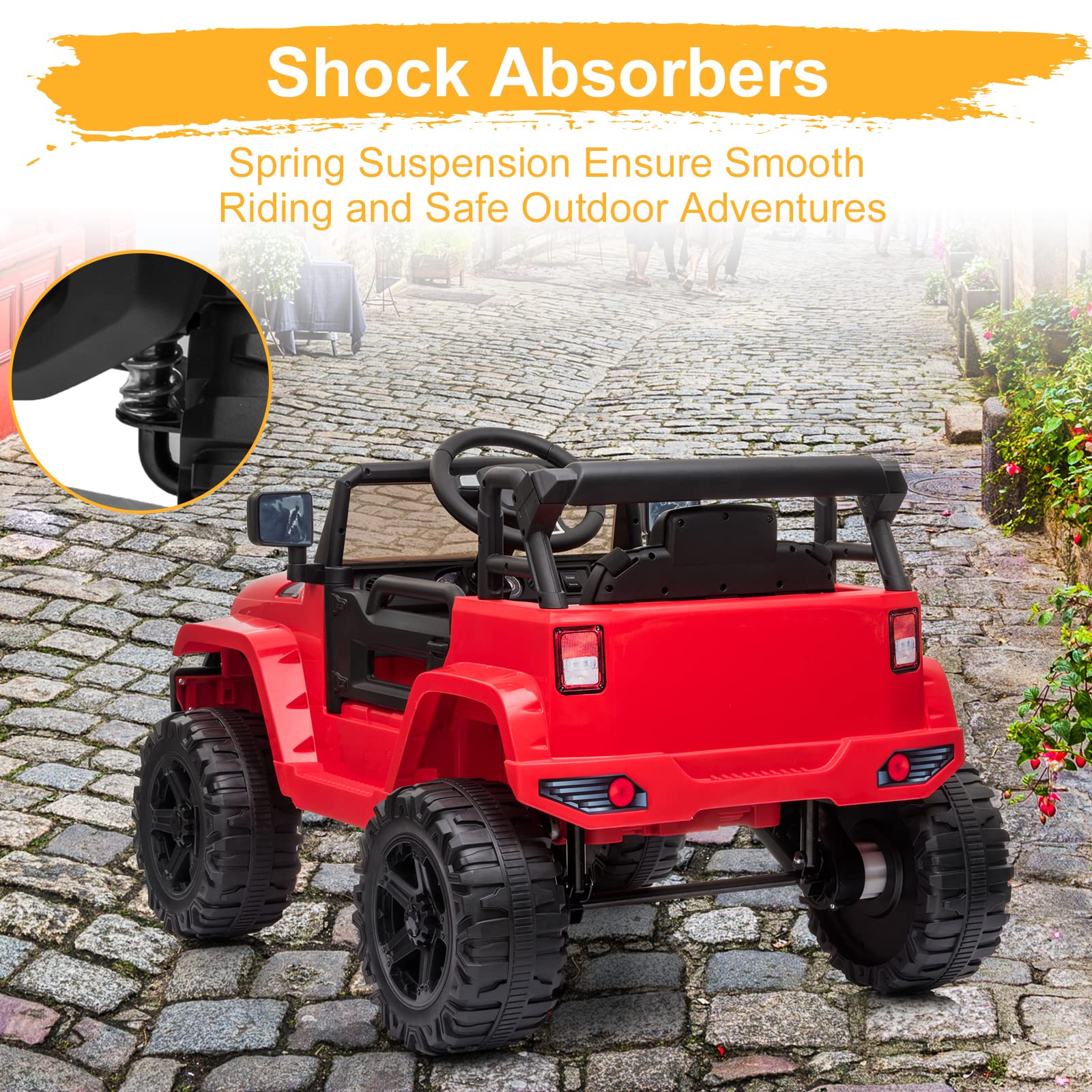 **12V Kids Electric Ride-On Truck with 2.4G Remote Control – 3 Speeds, Spring Suspension, LED Lights, Horn & Music Player – Safe for Ages 3-5 (Red) – Perfect for Outdoor Play, Birthday Gifts & Family Fun**