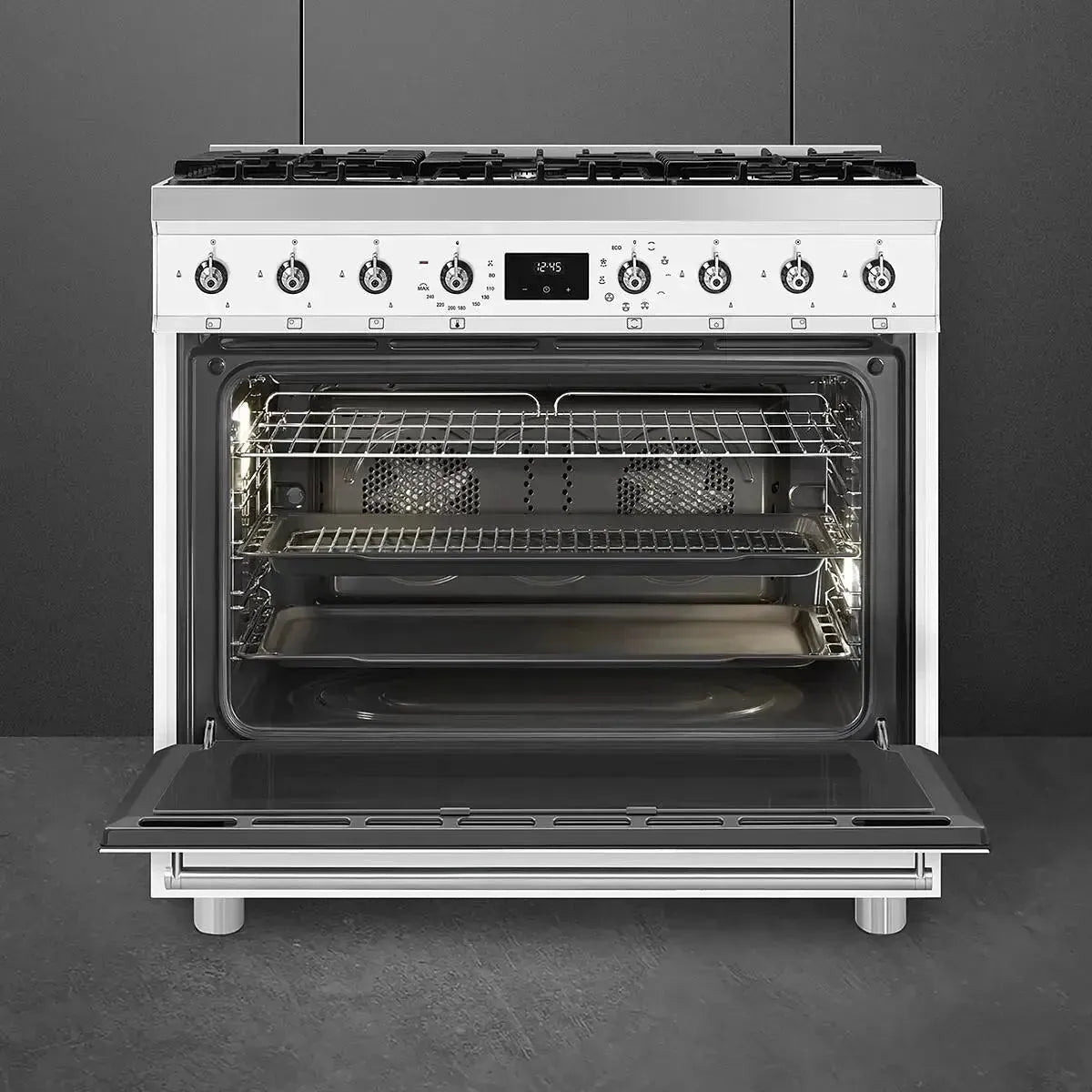 Smeg 90cm 6 Burner Classic Freestanding Dual Fuel Range Cooker in White - Premium Kitchen Appliance for Home Chefs & Entertaining