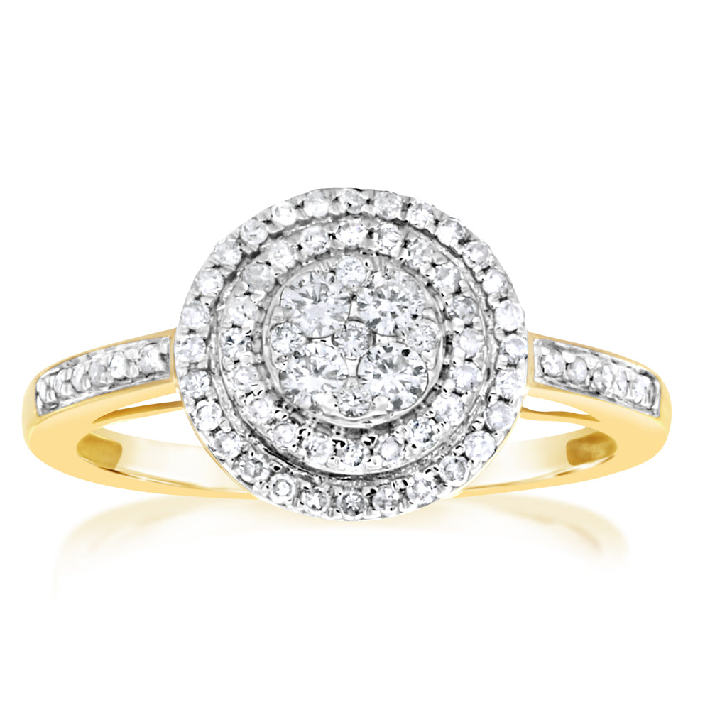 9ct Yellow Gold 1/2 Carat Halo Diamond Ring for Women - Elegant Engagement & Wedding Band - Perfect for Proposals, Anniversaries & Special Occasions