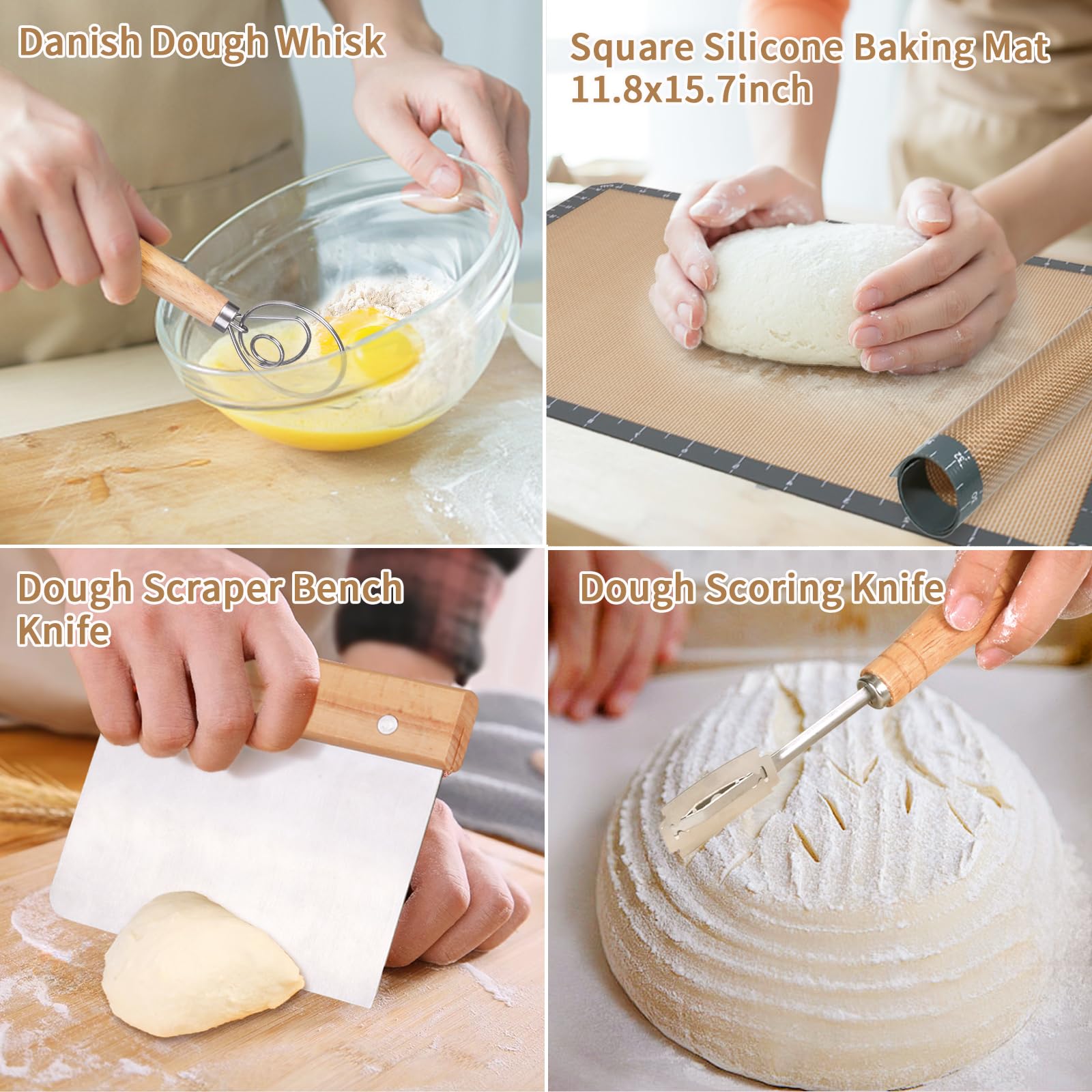 7-Piece Bread Making Kit - Silicone Pastry Mat, Round Baking Mat, Sourdough Danish Dough Whisk, Bread Lame Dough Scorer, Bread Scraper Dough Cutter - Perfect Baking Gift Set for Home Bakers & Bread Enthusiasts - Ideal for Artisan Bread, Pastry Making & Sourdough Baking