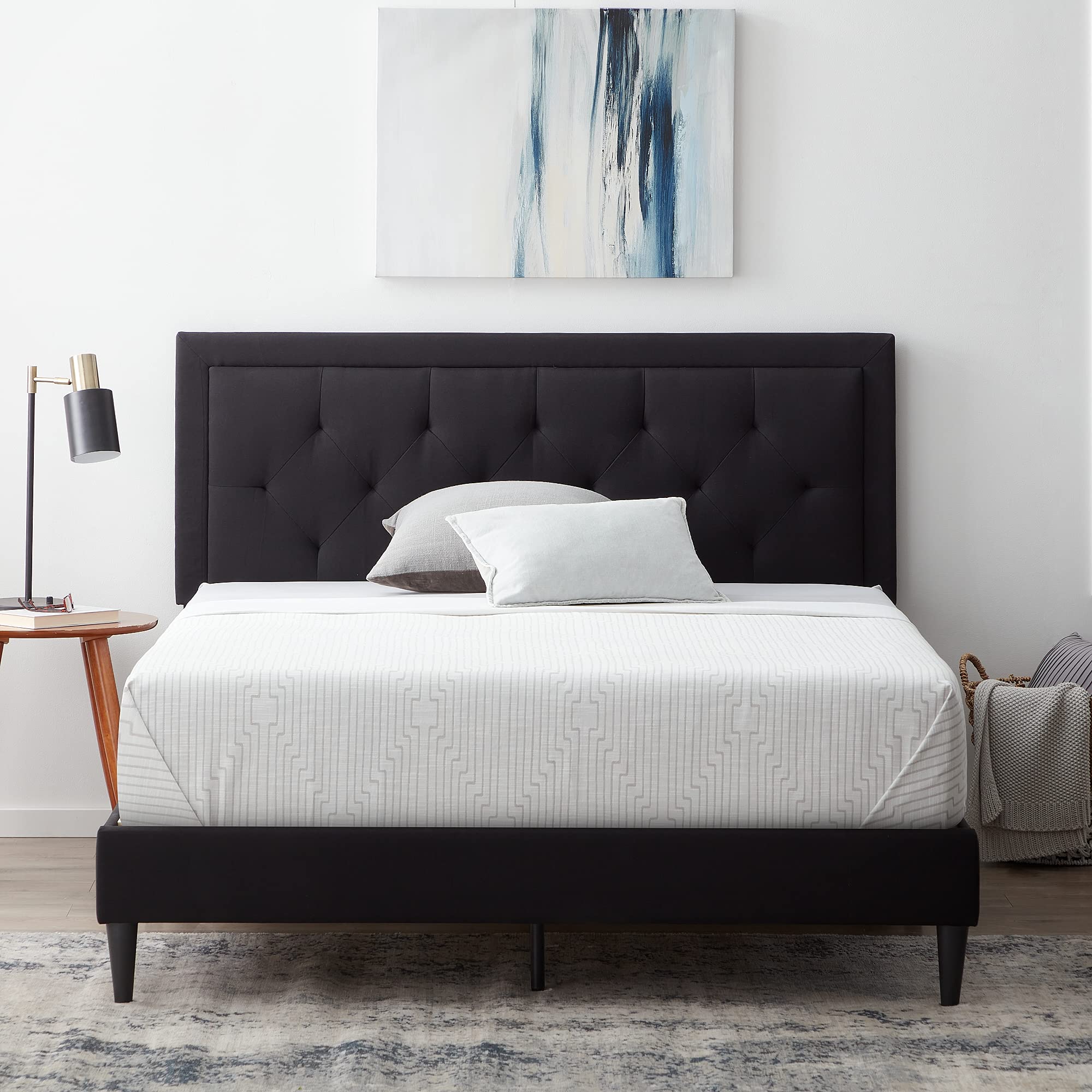 LUCID King Size Upholstered Platform Bed Frame with Headboard - No Box Spring Needed - Modern Black Bedroom Furniture for Master Bedroom & Guest Room