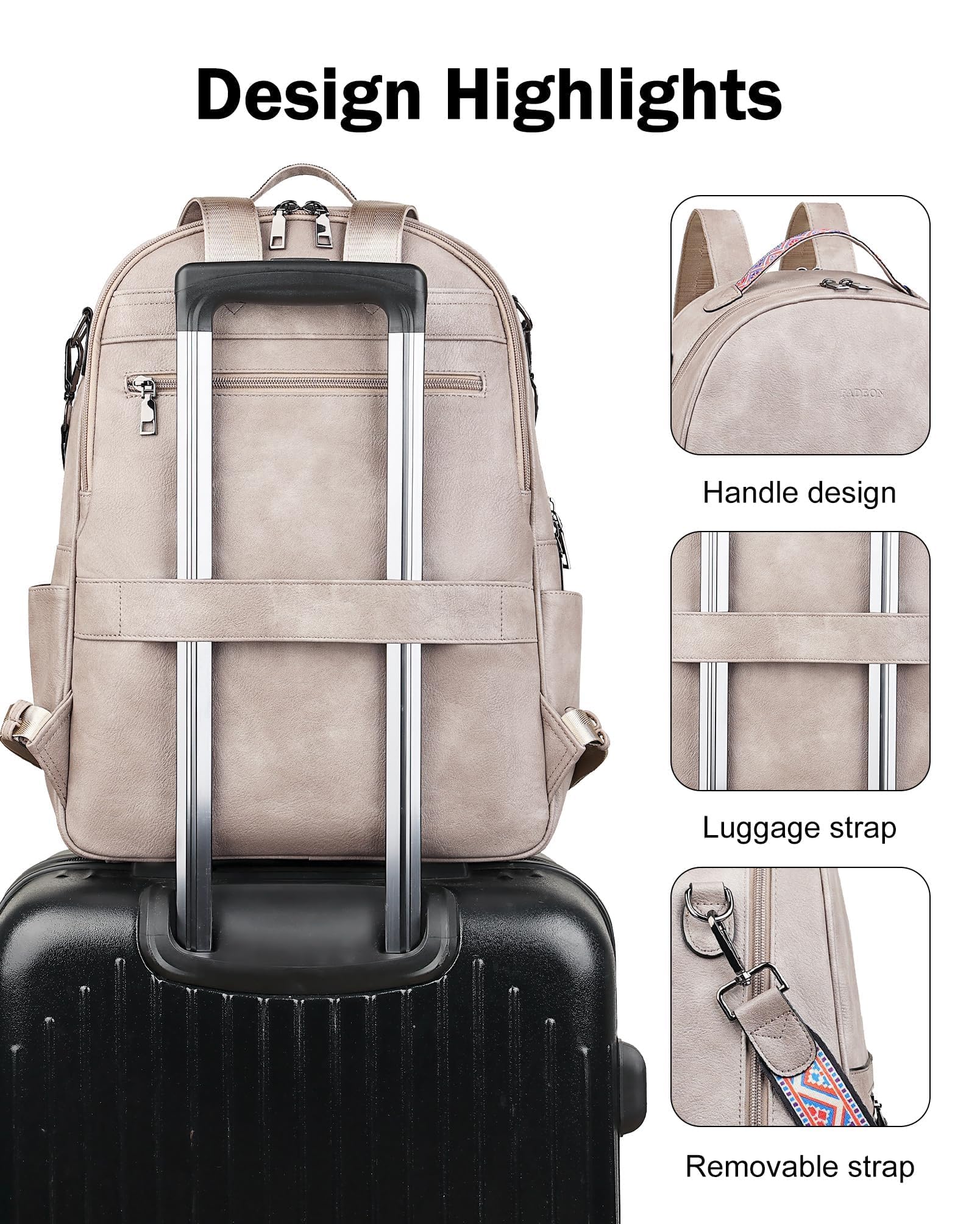 FADEON 15.6 Inch Women's Leather Laptop Backpack - Stylish PU Travel Backpack with Dedicated Laptop Compartment for Work & Business - Perfect for Office, College & Commuting (Grey)