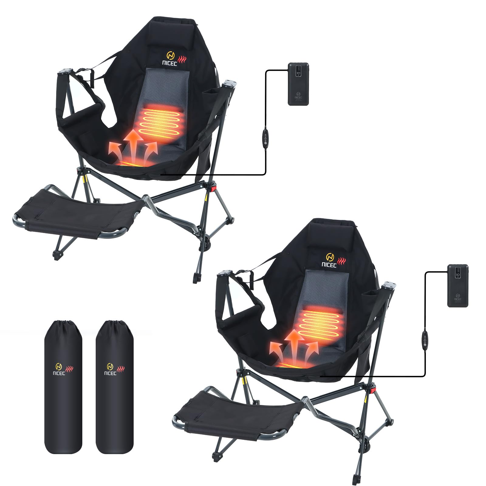 Premium 2-Person Hammock Camping Chair with Footrest & Heating - Portable Swinging Rocker Chair with High Back, Stand, Cup Holder, Side Pockets & Included Power Bank - Perfect for Backyard Relaxation, Beach Lounging & Outdoor Adventures
