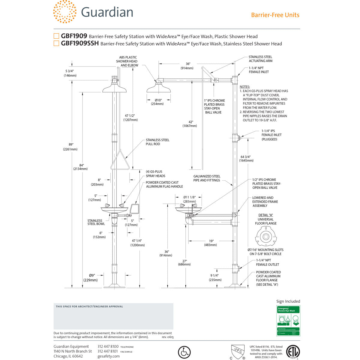 GBF1909 Barrier-Free Emergency Shower & Eyewash Station Combo - ANSI Compliant Safety Equipment for Laboratories, Factories & Chemical Workplaces