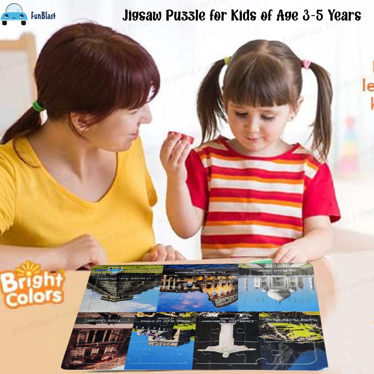 FunBlast 35-Piece Seven Wonders Jigsaw Puzzle for Kids Ages 3-5 - Educational Learning Toys with Acrylic Board & Large Floor Puzzle Pieces - Perfect for Preschool Classroom, Birthday Gifts & Family Game Night (Multicolor)
