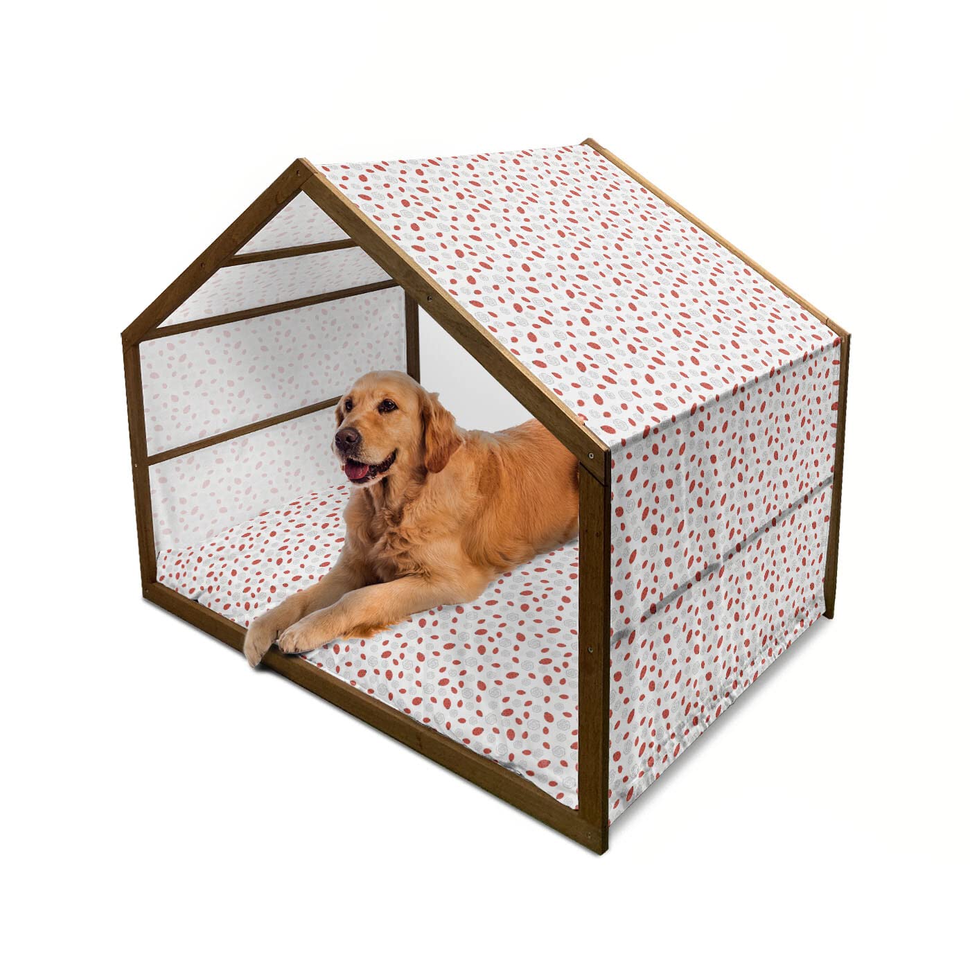 Ambesonne Ladybugs Wooden Dog House - Abstract Flower Silhouettes Nature Illustration Cartoon Style Indoor Outdoor Portable Pet Kennel with Pillow & Cover - X-Large Vermilion Black Grey - Perfect for Backyard, Patio, Garden or Indoor Pet Shelter