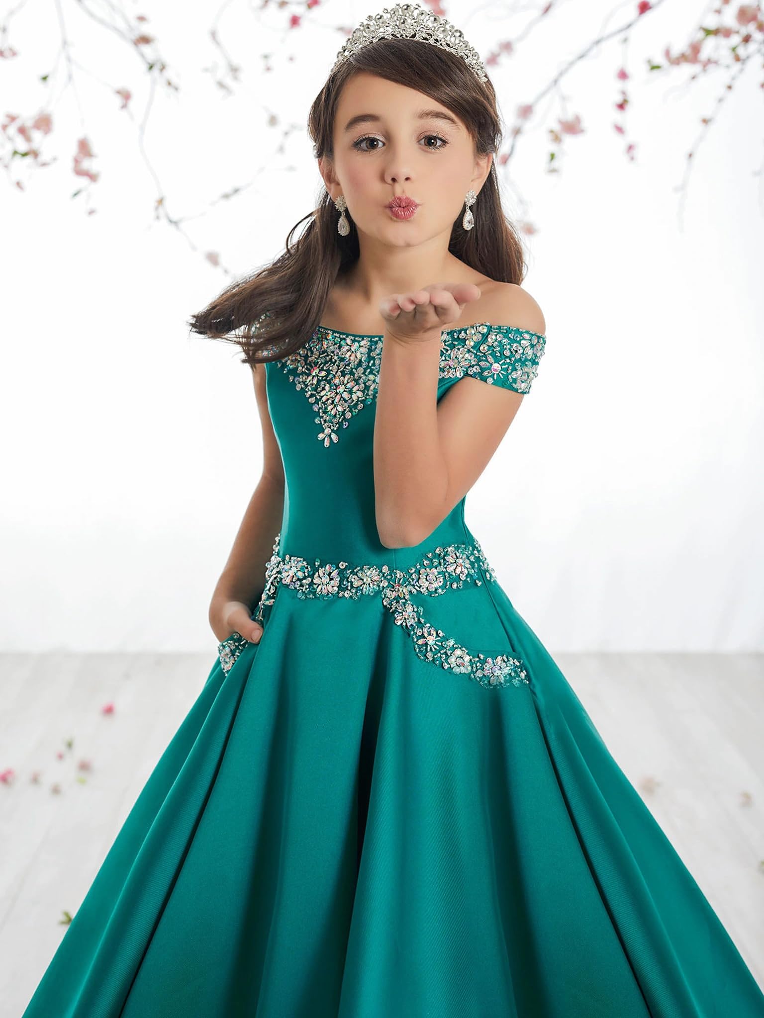 Off The Shoulder Girls Pageant Dresses Satin Long Princess Birthday Party Dress with Pockets - Elegant Formal Gown for Pageants, Quinceañeras, Prom & Special Occasions