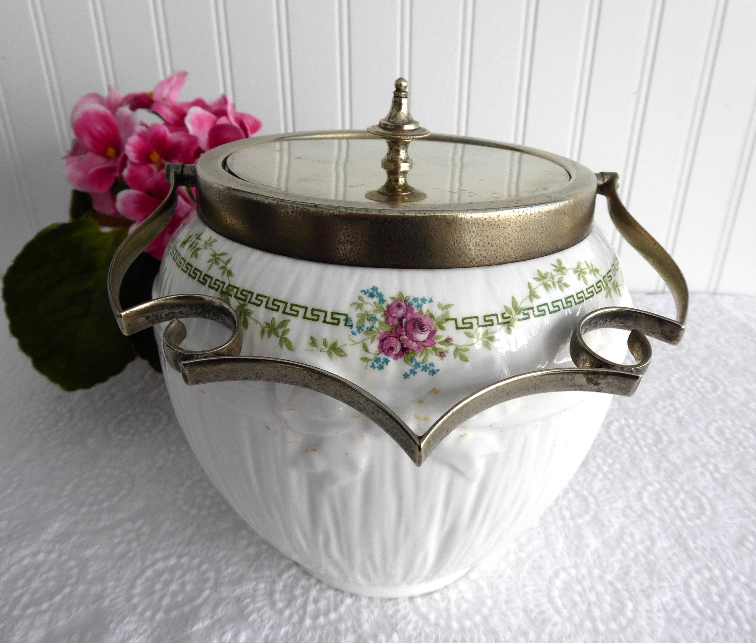 Vintage Shelley Rare Biscuit Barrel with Greek Key & Rose Design (1910-1916) - Antique EPNS Silver Mounted Cookie Jar - Perfect for Tea Parties, Collectible Display & Victorian Home Decor