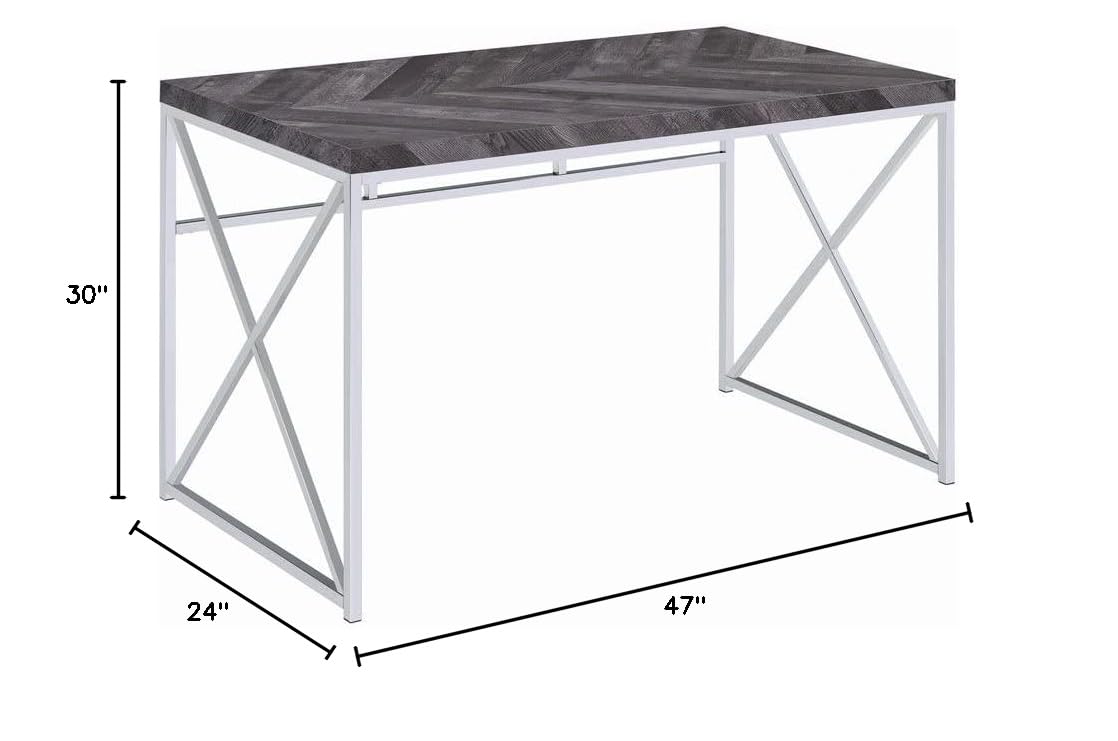 Benjara Herringbone Pattern Wooden Writing Desk with Metal Base in Gray & Silver - Modern Home Office Desk for Study, Work, and Remote Learning