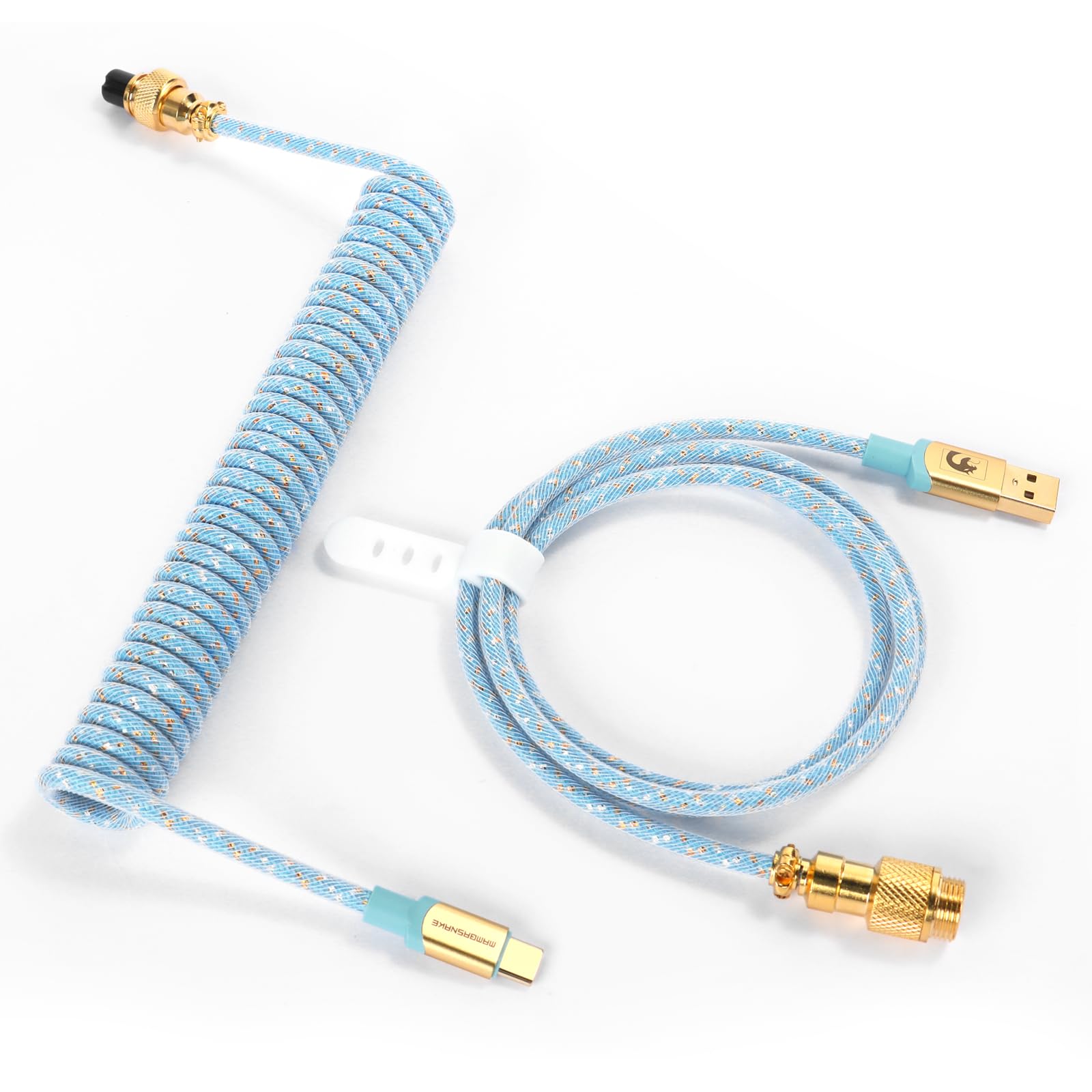 MAMBASNAKE C03 Coiled USB C Cable for Gaming Keyboard - Braided Spiral Type C to USB A Cable with 24K Gold Plated Connector - Starlight Blue | Perfect for Mechanical Keyboards, Gaming Setups & Workstations