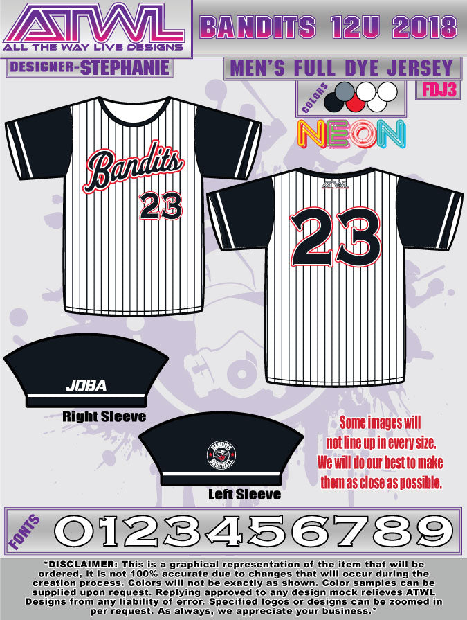 Bandits 12U Full Dye Baseball Jersey - Youth Team Uniform for Fall Season - Perfect for Little League Games & Tournament Play