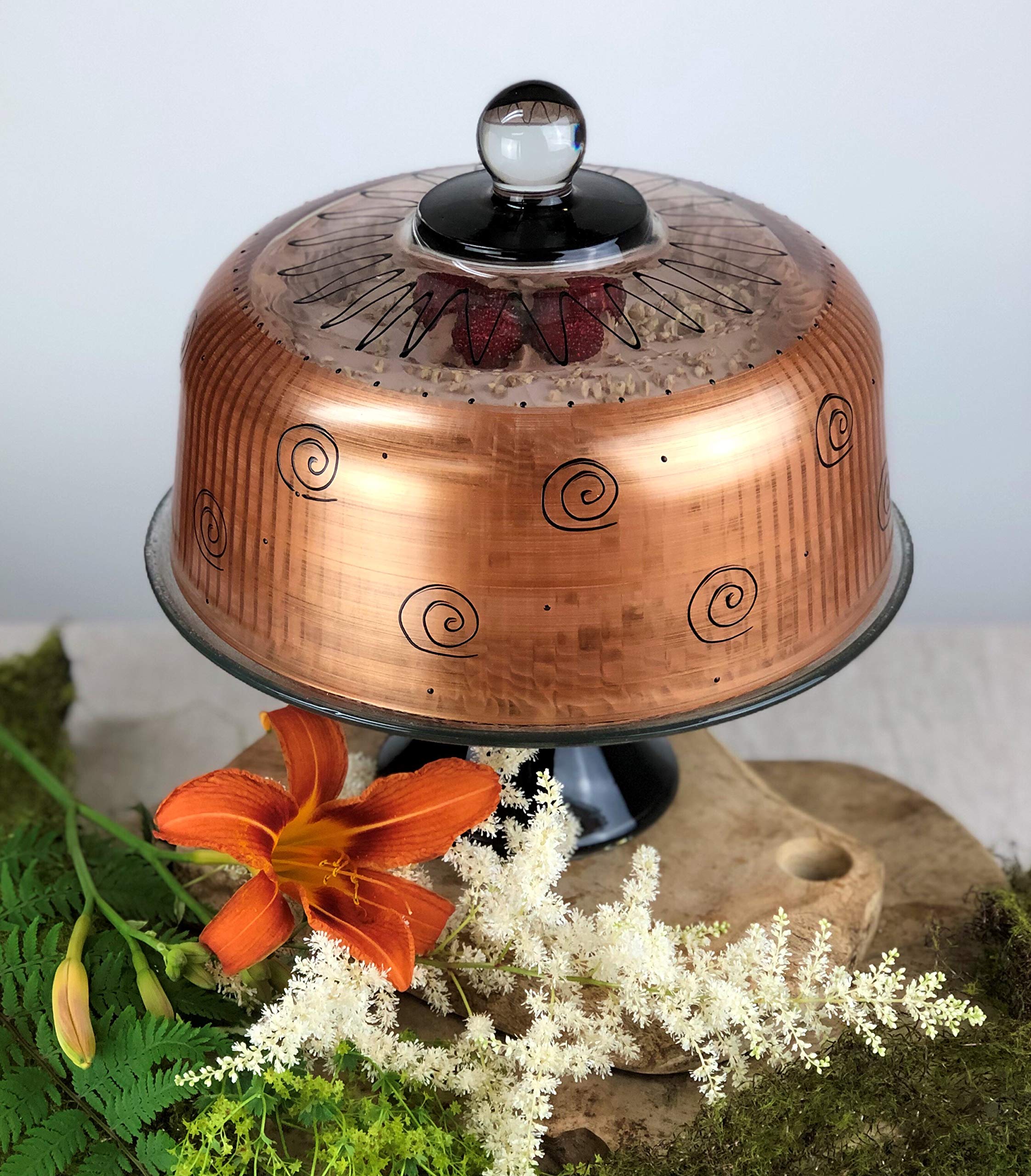 Hand Painted Glass Cake Stand with Cover - Tuscan Sunset Collection - Vibrant Gold Decorative Cake Dome - Unique Kitchen Table Decor for Weddings, Parties & Home Baking Display