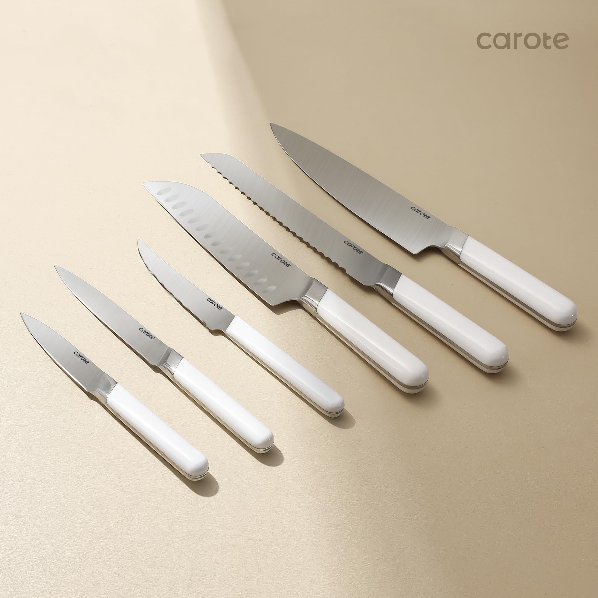 CAROTE 12-Piece Stainless Steel Kitchen Knife Set with Knife Block & Drawer Organizer - Dishwasher Safe Cutlery Set in White | Perfect for Home Chefs, Wedding Gifts & Kitchen Upgrades