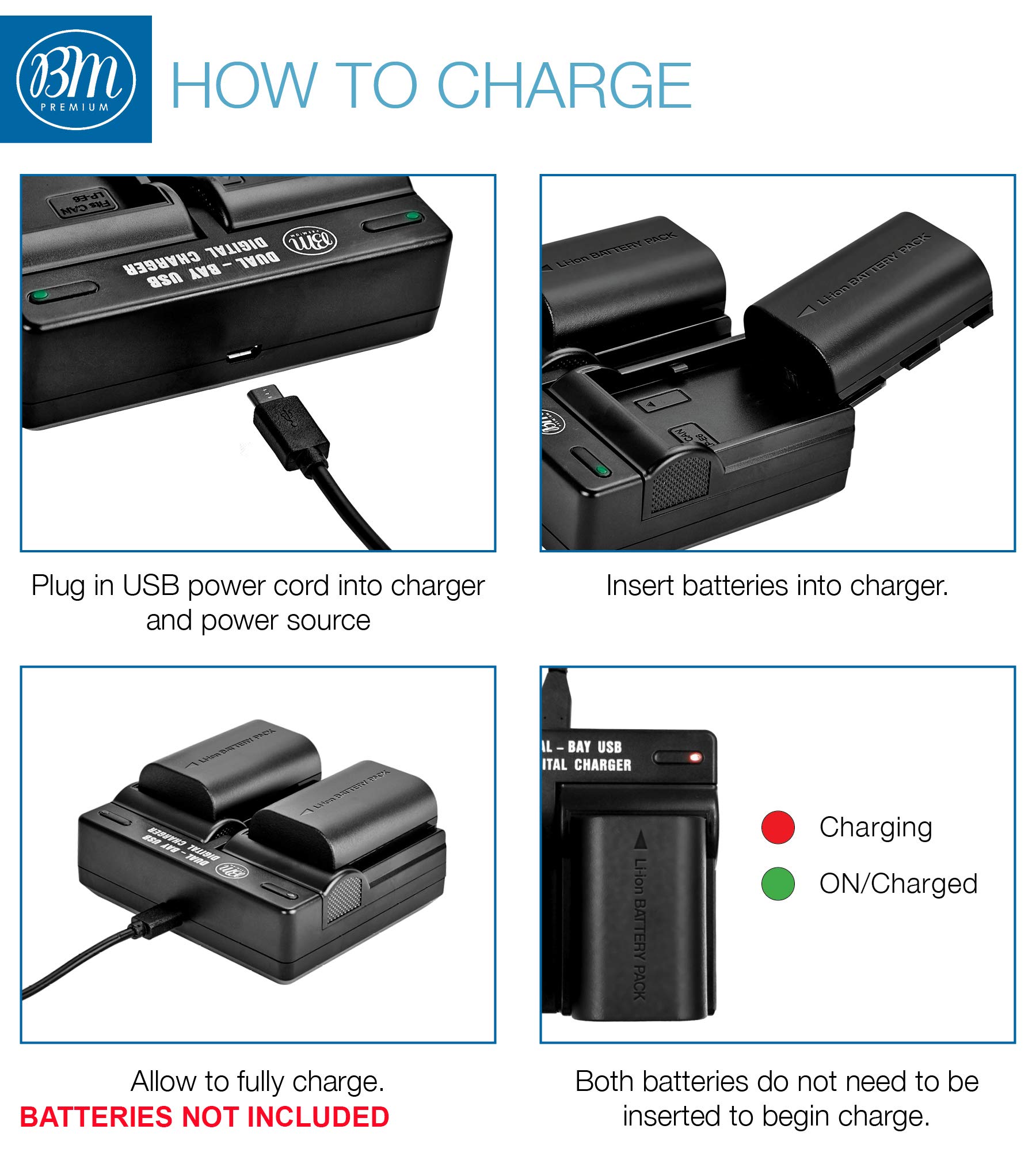 BM LP-E6 & LP-E6N Dual Bay Battery Charger for Canon EOS R, 90D, 60D, 70D, 80D, 5D II/III/IV, 5Ds, 6D/6D II, 7D/7D II, C700, XC10, XC15 - Fast Charging for Photography & Videography