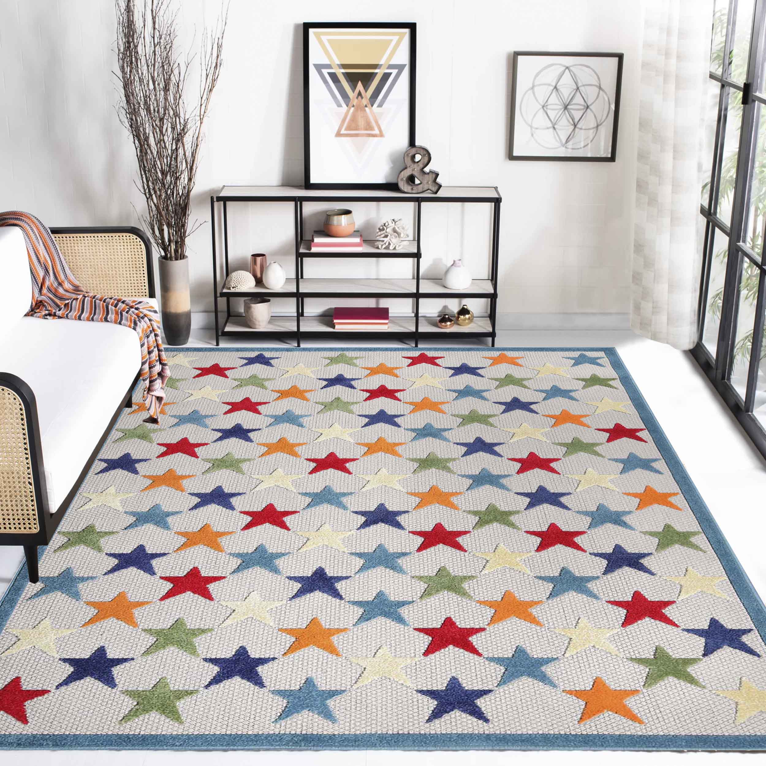 Juniper Modern Stars Area Rug - Soft Indoor/Outdoor Carpet for Living Room, Bedroom, Patio - Non-Slip Decorative Floor Mat for Home & Office