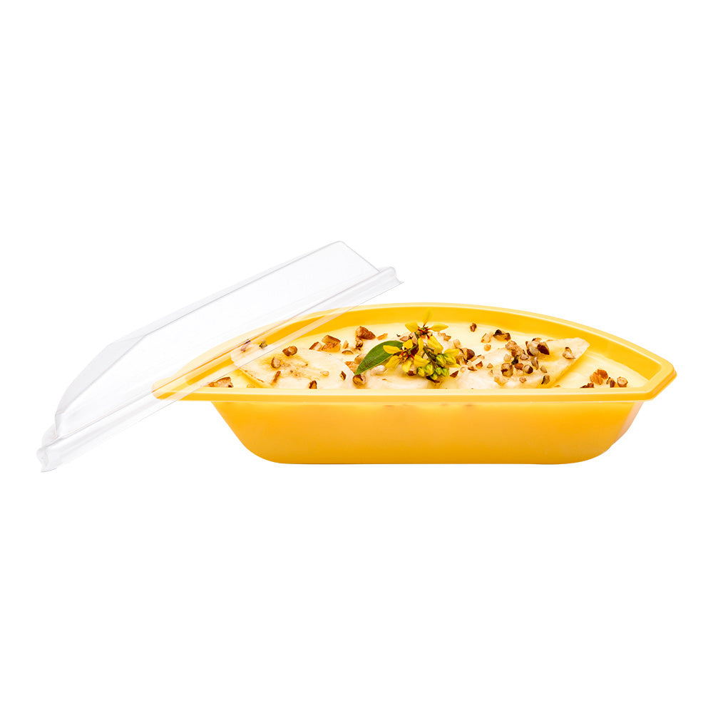7 oz Yellow Plastic Banana Split Boat with Lid - 8 x 3 x 2.5 Inches - Pack of 100 - Perfect for Ice Cream Parlors, Dessert Shops, and Party Serving