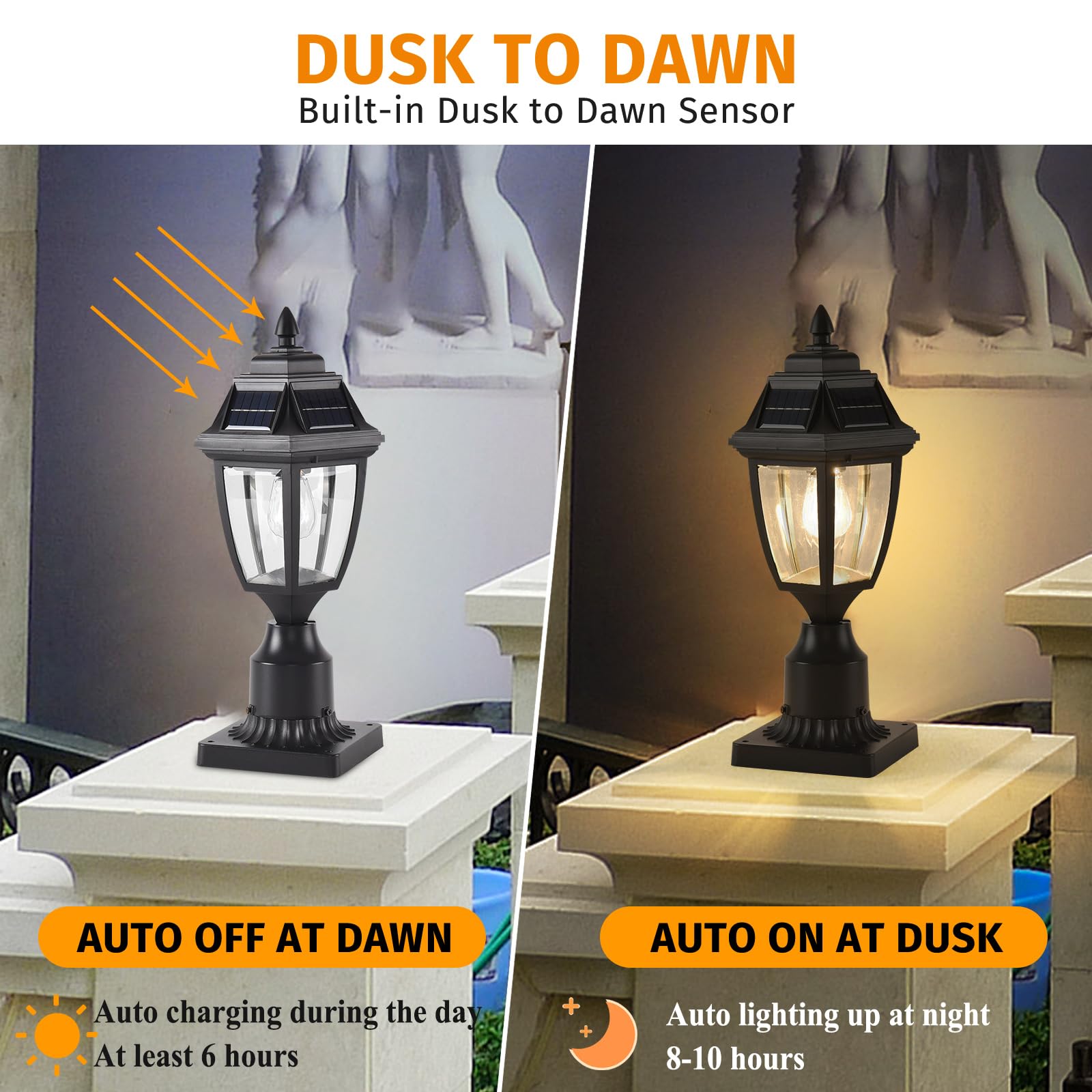 Solar Powered Outdoor Post Lights 2 Pack - Black Dusk to Dawn Column Lights with Pier Mount Base | Waterproof LED Pathway Lighting for Porch, Yard, Driveway, Garden & Landscape Decoration