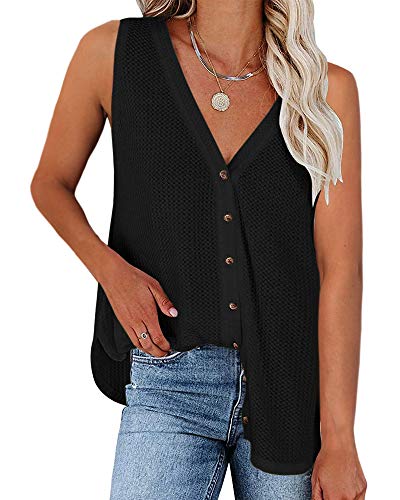 Women's V-Neck Button Down Tank Tops - Waffle Knit Sleeveless Tee Shirts for Summer Casual Wear | Perfect for Beach, Vacation & Everyday Outfits