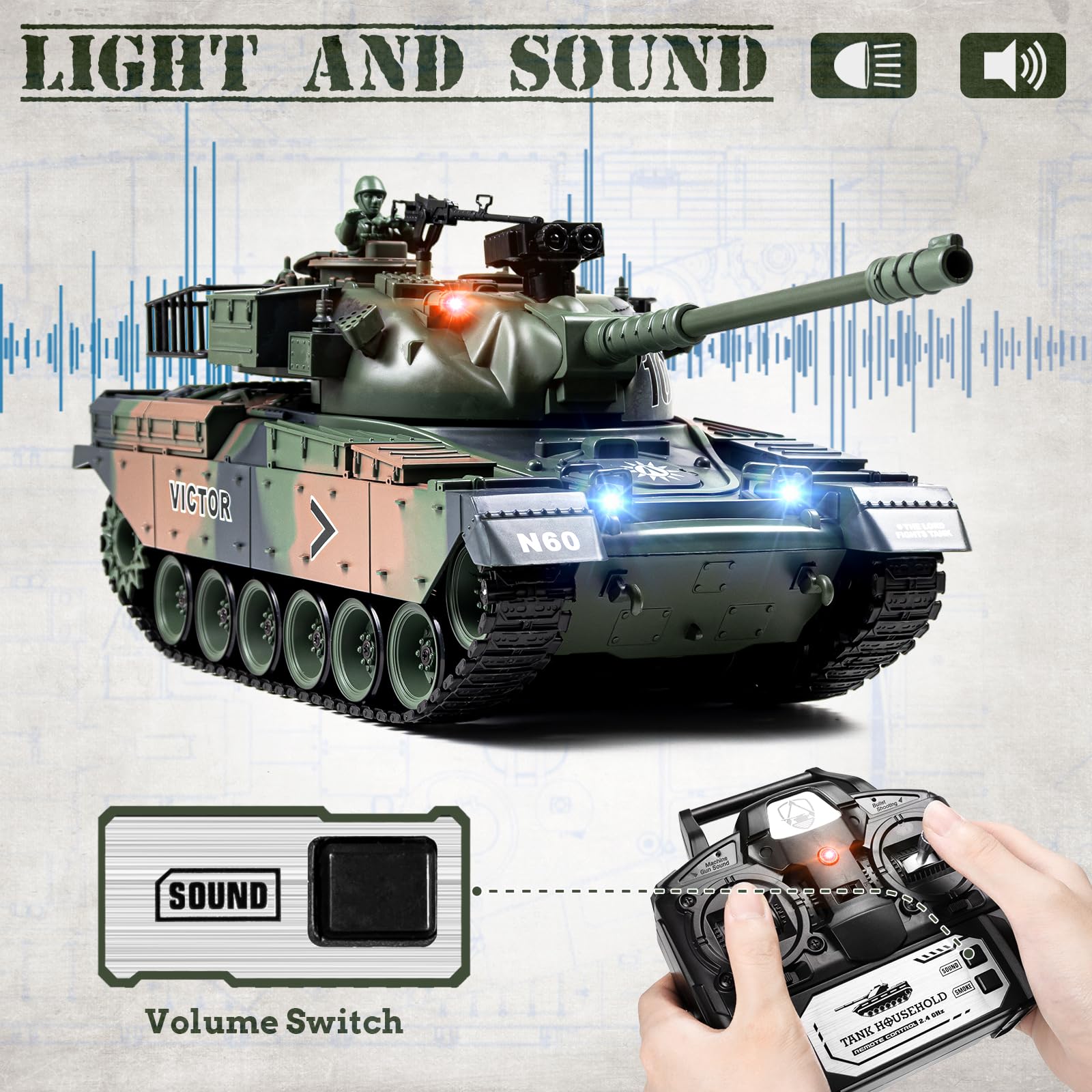 1:18 Scale RC Tank - 2.4Ghz Remote Control M60 Military Tank Toy with Smoke, Light & Sound Effects | 15-Channel Battle Tank with BBS & Water Bomb Launcher | Army Toy for Adults & Kids | Perfect for Outdoor Play, Battle Simulation & Collecting