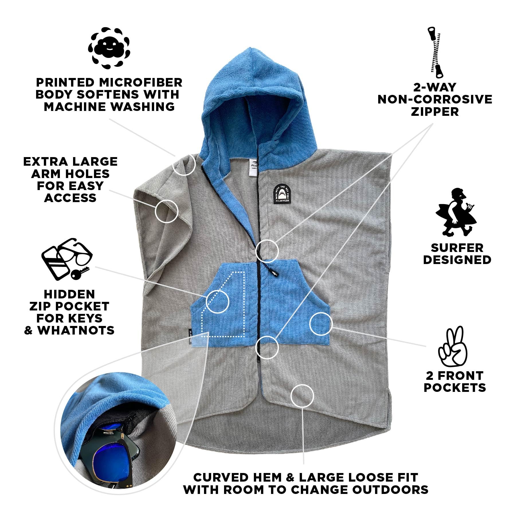 Pilotfish Surf Poncho Changing Robe Towel - Hooded Zippered Quick Dry Beach Cover Up for Men & Women | 2 Front Pockets, Machine Washable | Perfect for Surfing, Swimming, Beach Days & Outdoor Activities