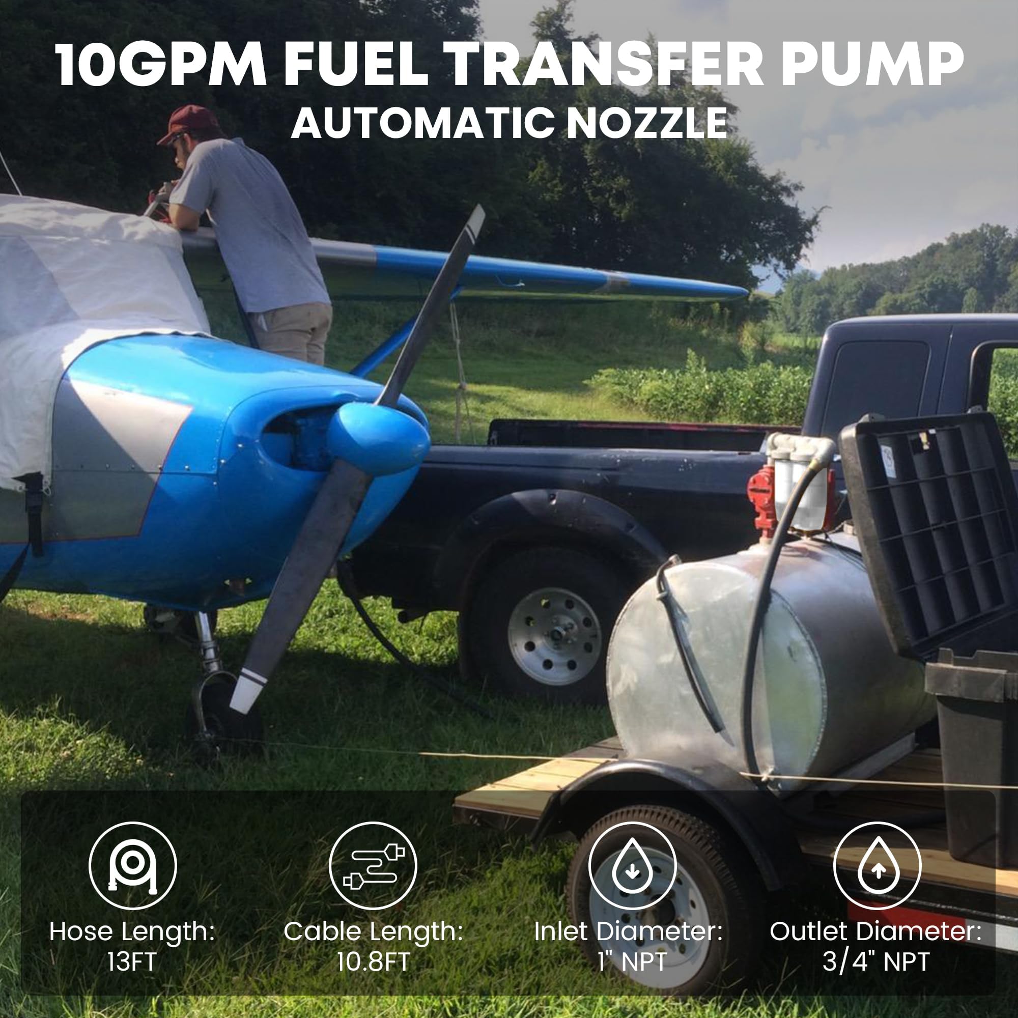 12V Heavy Duty Fuel Transfer Pump - 10GPM Gasoline/Diesel/Kerosene/Biodiesel Pump with Discharge Hose & Automatic Nozzle - Perfect for Farm Equipment, Marine Fuel Transfer & Emergency Fuel Supply